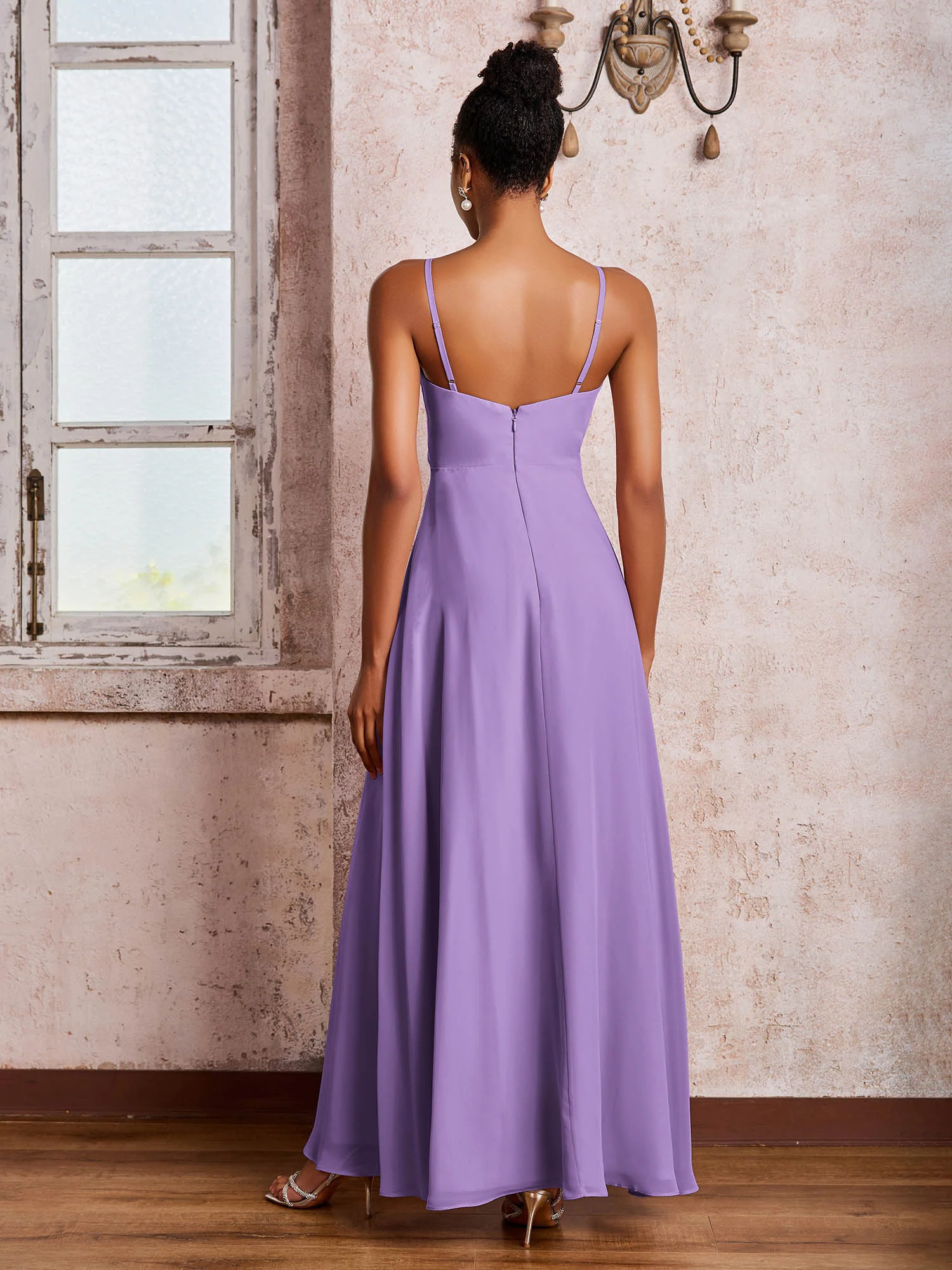 V-neck Ruffle Slit Chiffon Dresses with Cascade Skirt Tahiti - Image 2