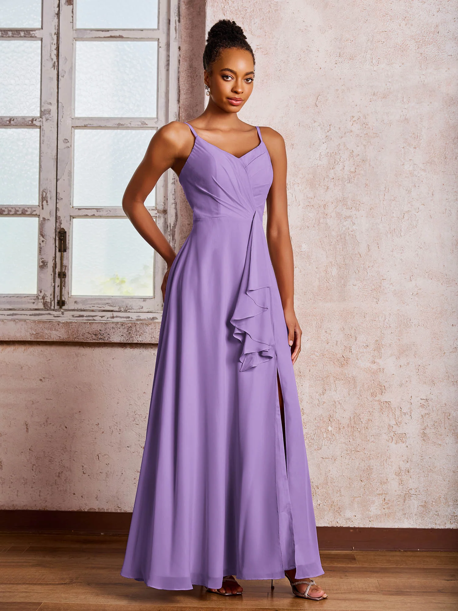 V-neck Ruffle Slit Chiffon Dresses with Cascade Skirt Tahiti - Image 3