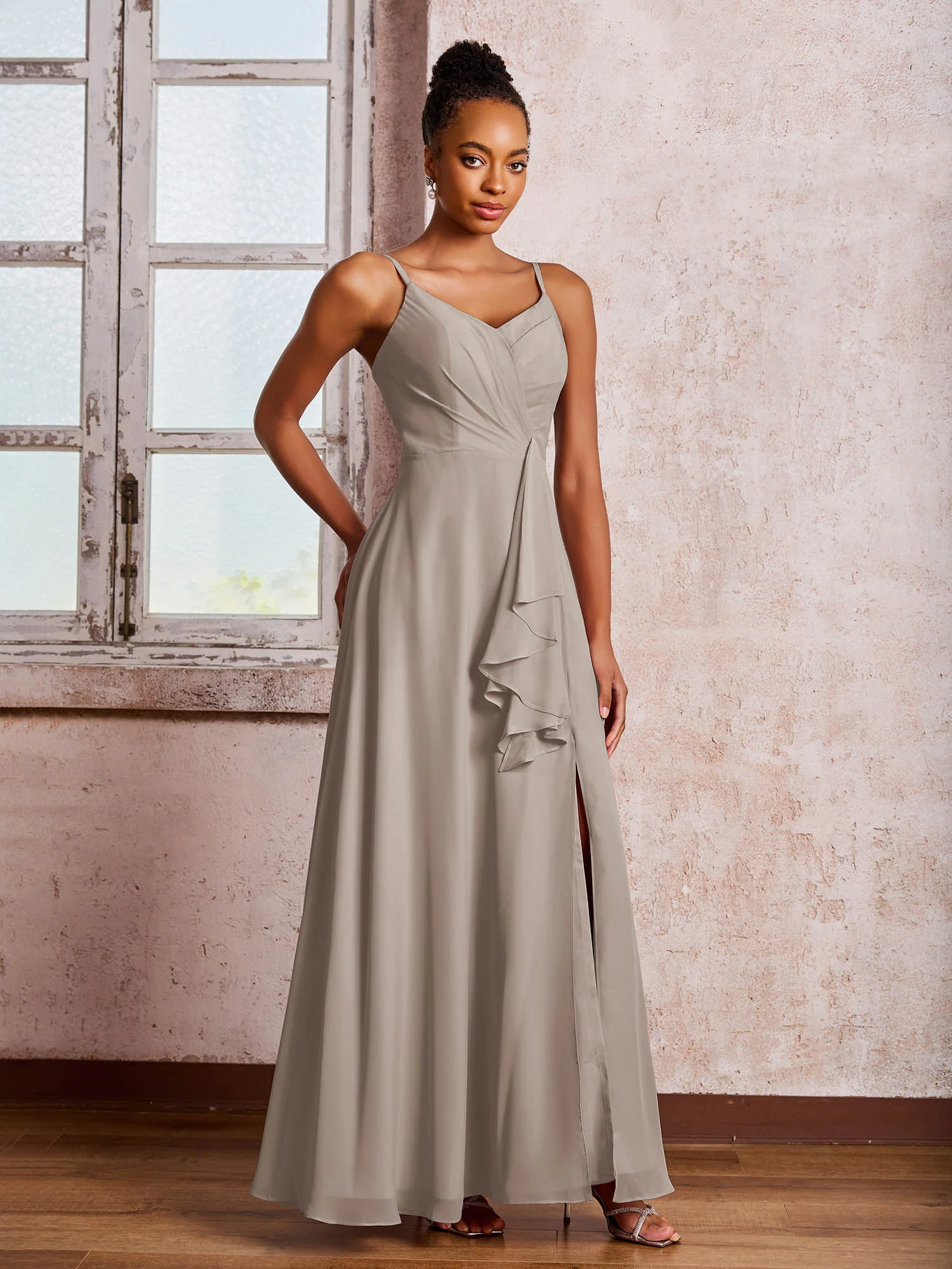 V-neck Ruffle Slit Chiffon Dresses with Cascade Skirt Taupe - Image 3