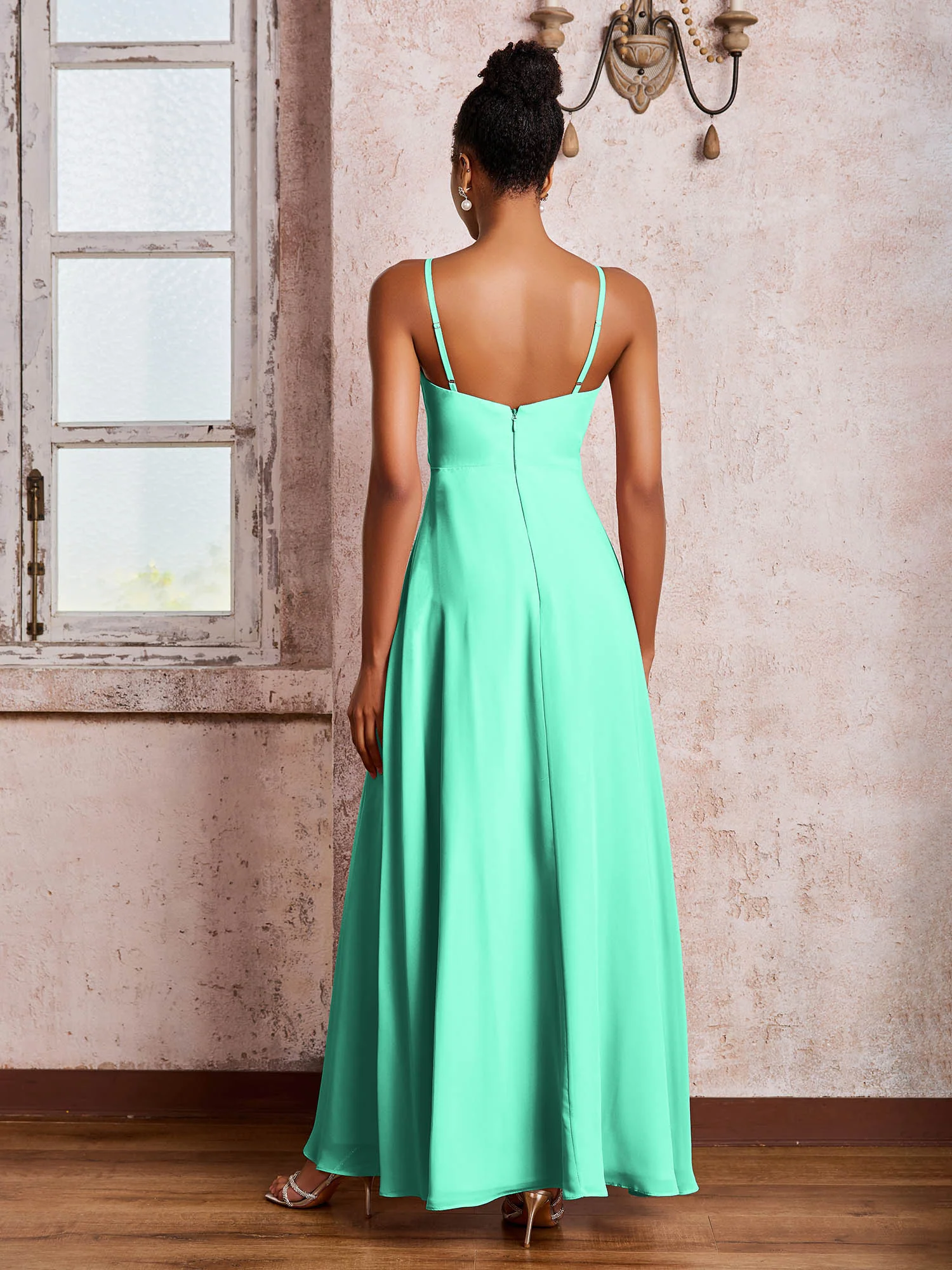 V-neck Ruffle Slit Chiffon Dresses with Cascade Skirt Turquoise - Image 2