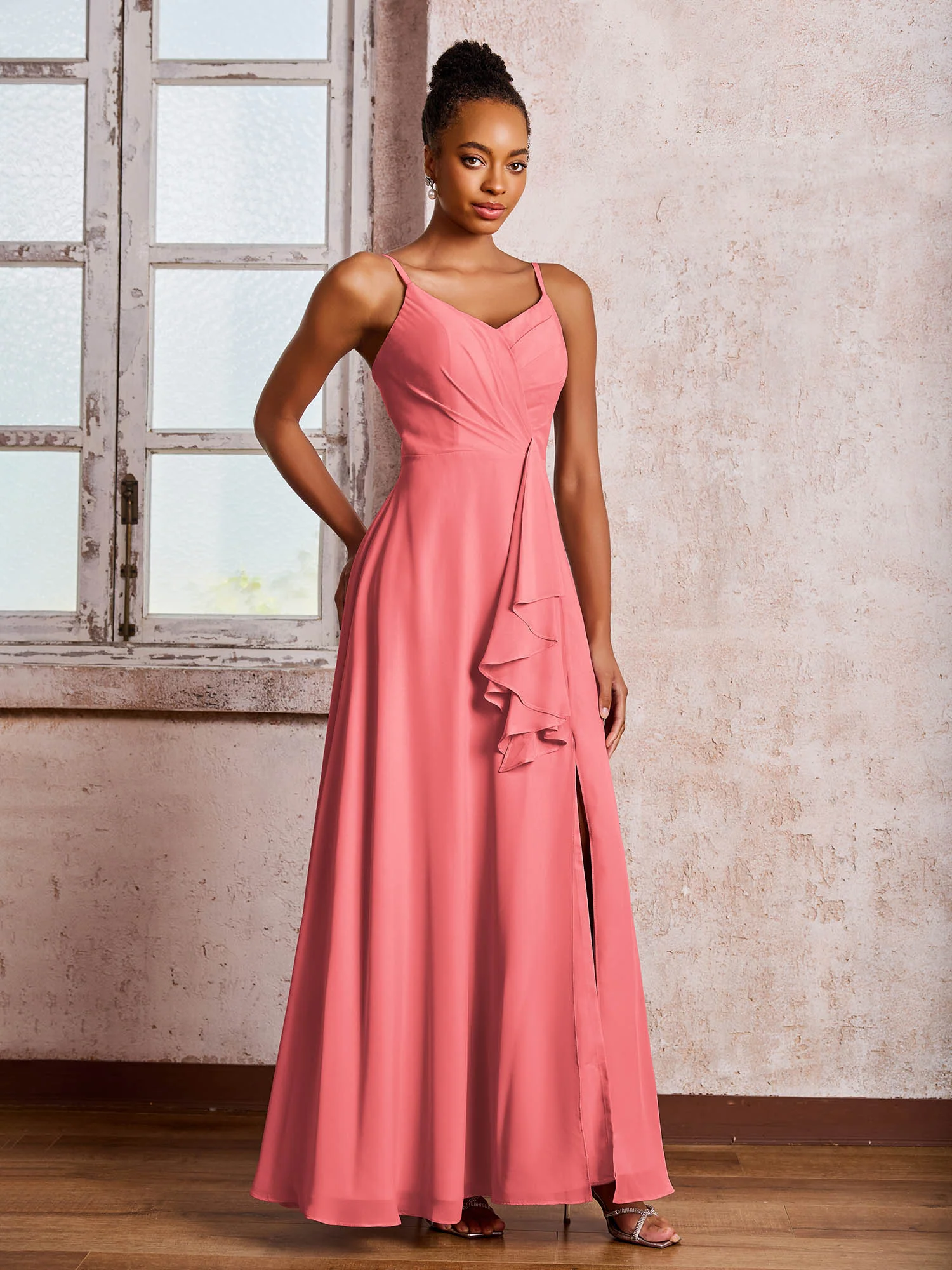 V-neck Ruffle Slit Chiffon Dresses with Cascade Skirt Watermelon - Image 3