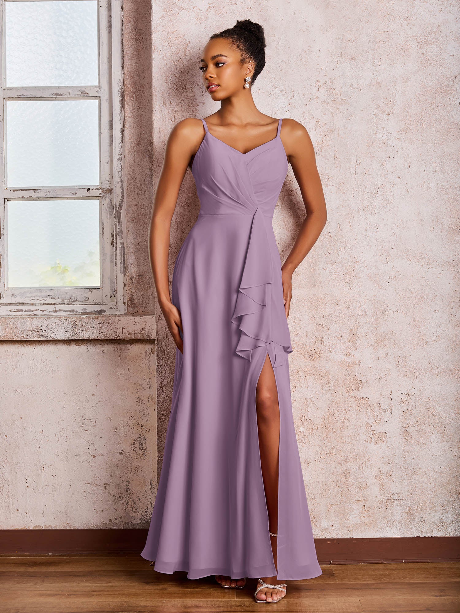 V-neck Ruffle Slit Chiffon Dresses with Cascade Skirt Wisteria