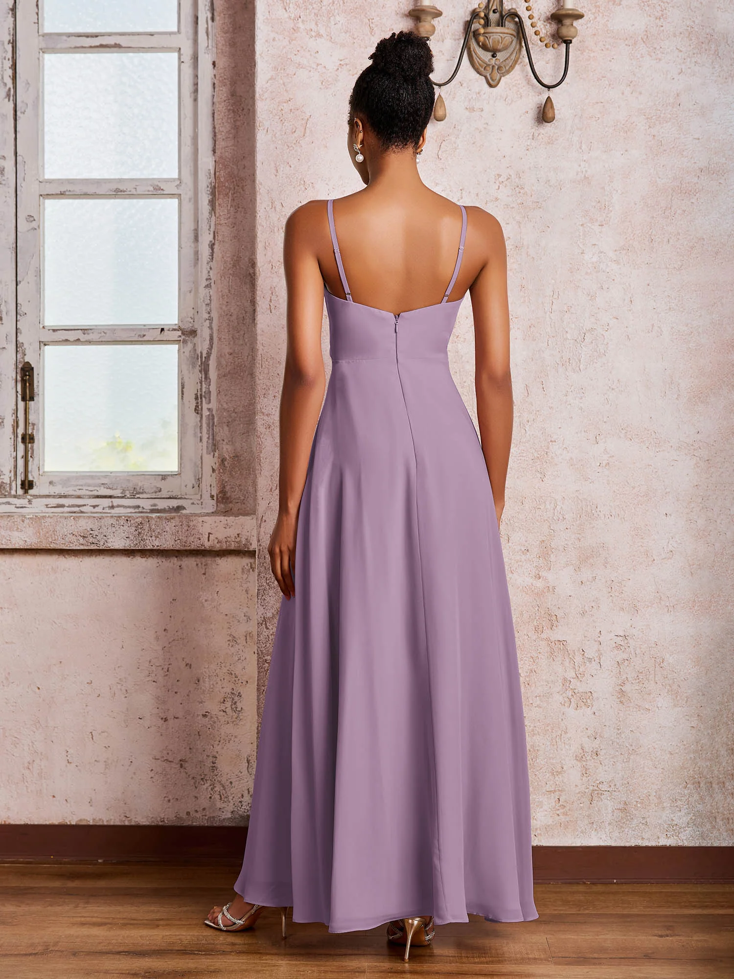 V-neck Ruffle Slit Chiffon Dresses with Cascade Skirt Wisteria - Image 2