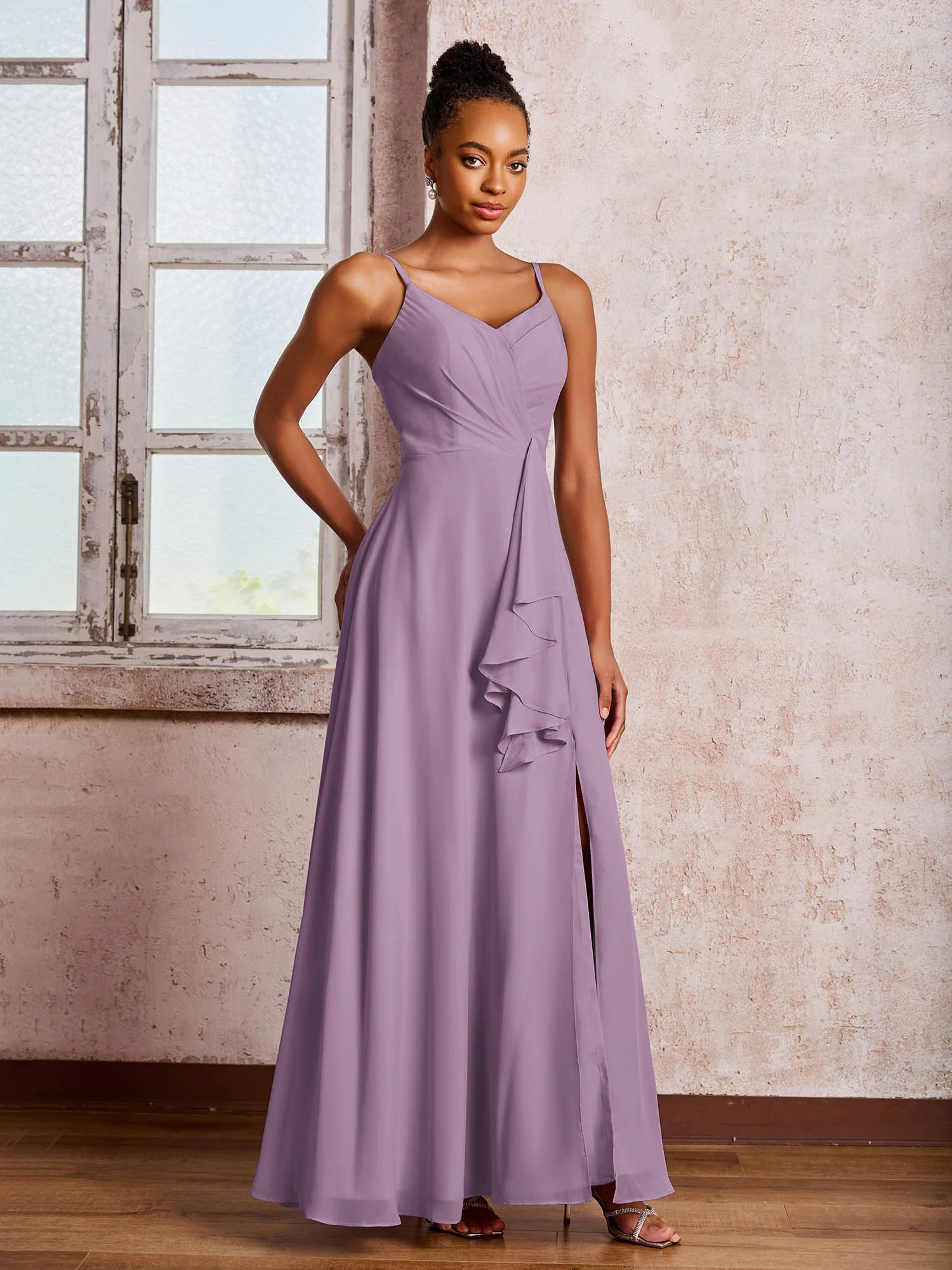 V-neck Ruffle Slit Chiffon Dresses with Cascade Skirt Wisteria - Image 3