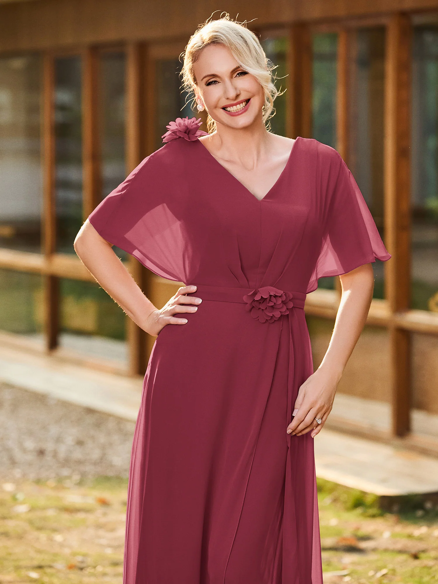 V-neck Short Sleeve Floral Applique Chiffon Jumpsuit Cinnamon Rose