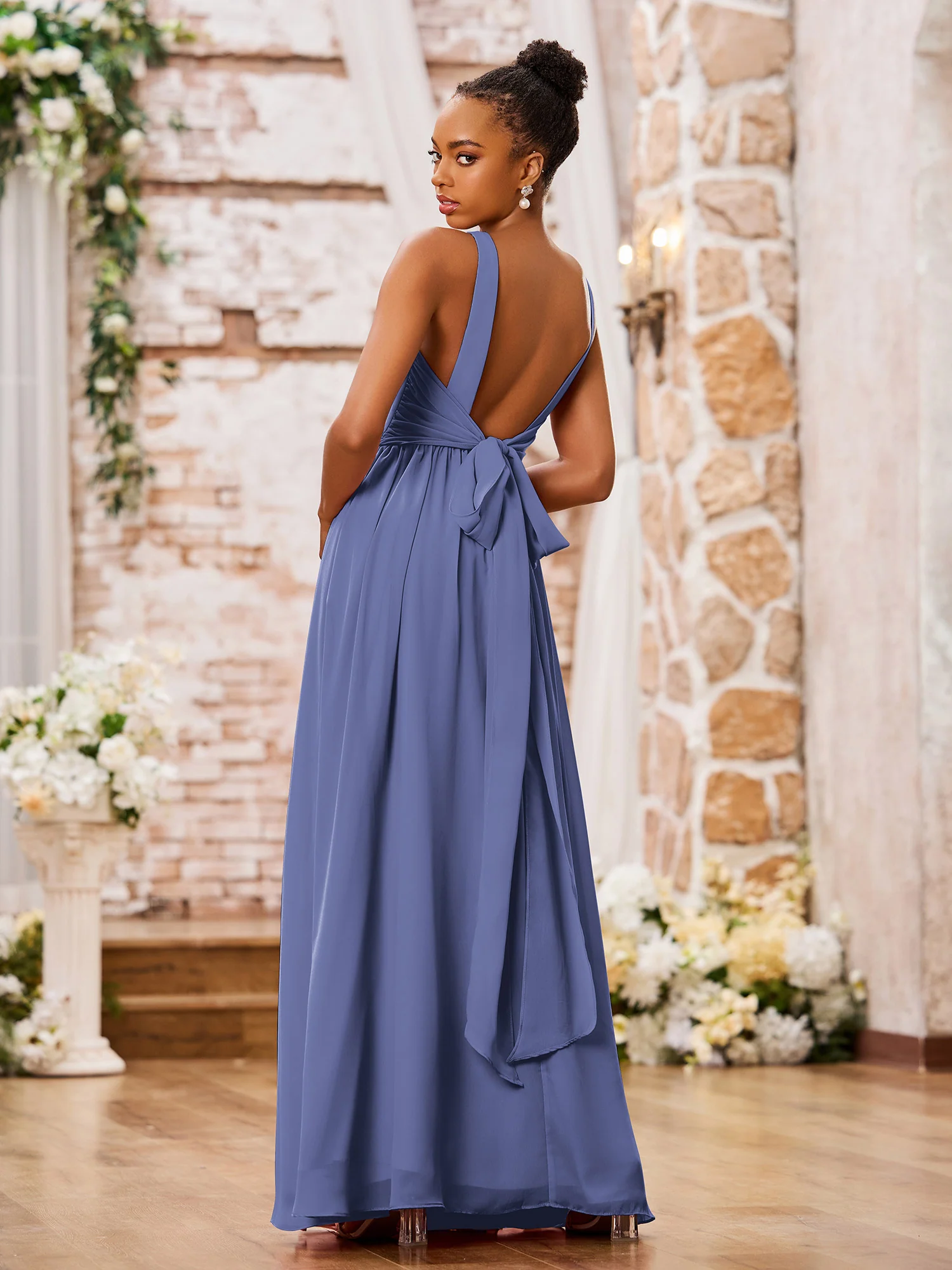 V-neck Shoulder Straps Pleated Maxi Chiffon Dresses Periwinkle - Image 2