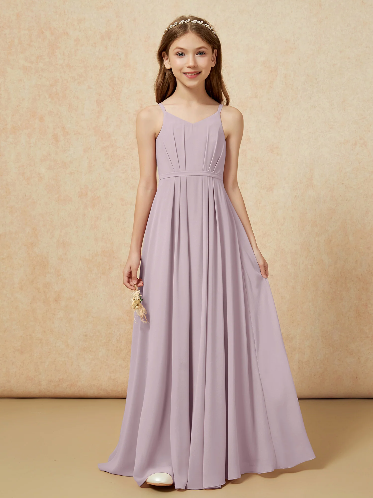 V-neck Spaghetti Straps Chiffon Junior Bridesmaid Dresses Dusk