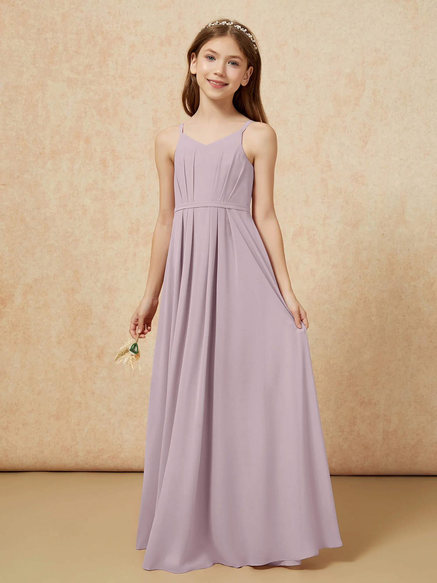V-neck Spaghetti Straps Chiffon Junior Bridesmaid Dresses Dusk - Image 3