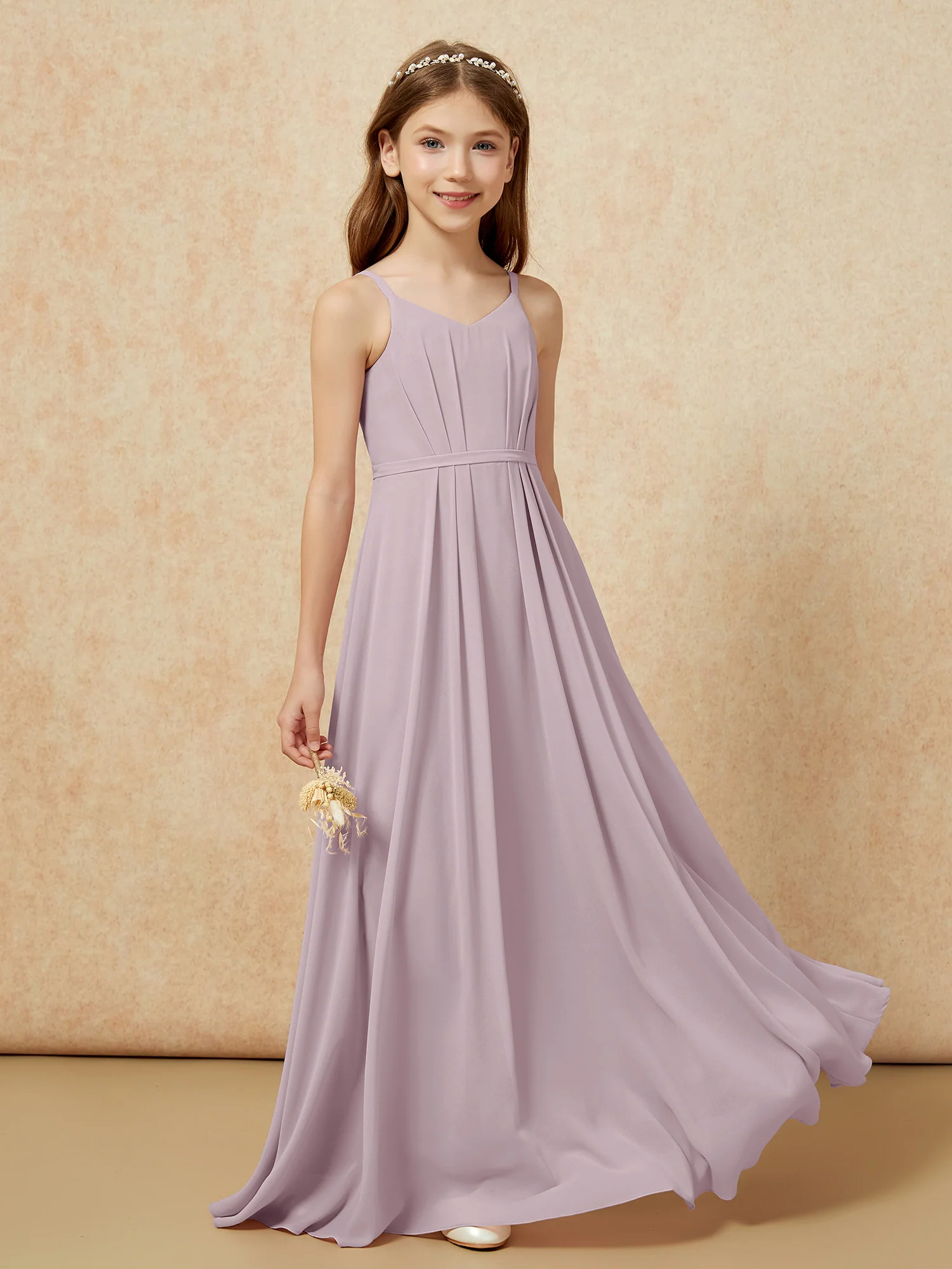 V-neck Spaghetti Straps Chiffon Junior Bridesmaid Dresses Dusk - Image 5
