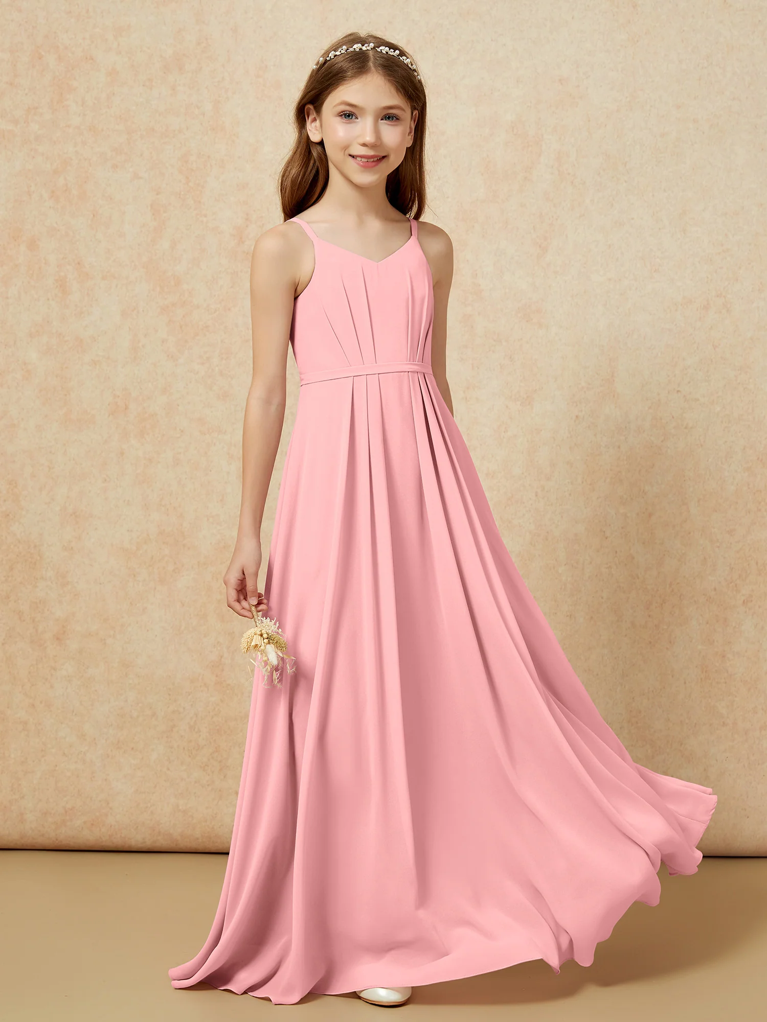 V-neck Spaghetti Straps Chiffon Junior Bridesmaid Dresses Flamingo - Image 5