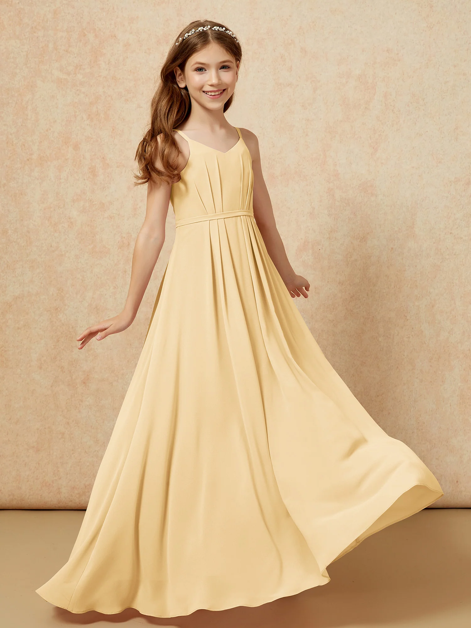 V-neck Spaghetti Straps Chiffon Junior Bridesmaid Dresses Gold - Image 6