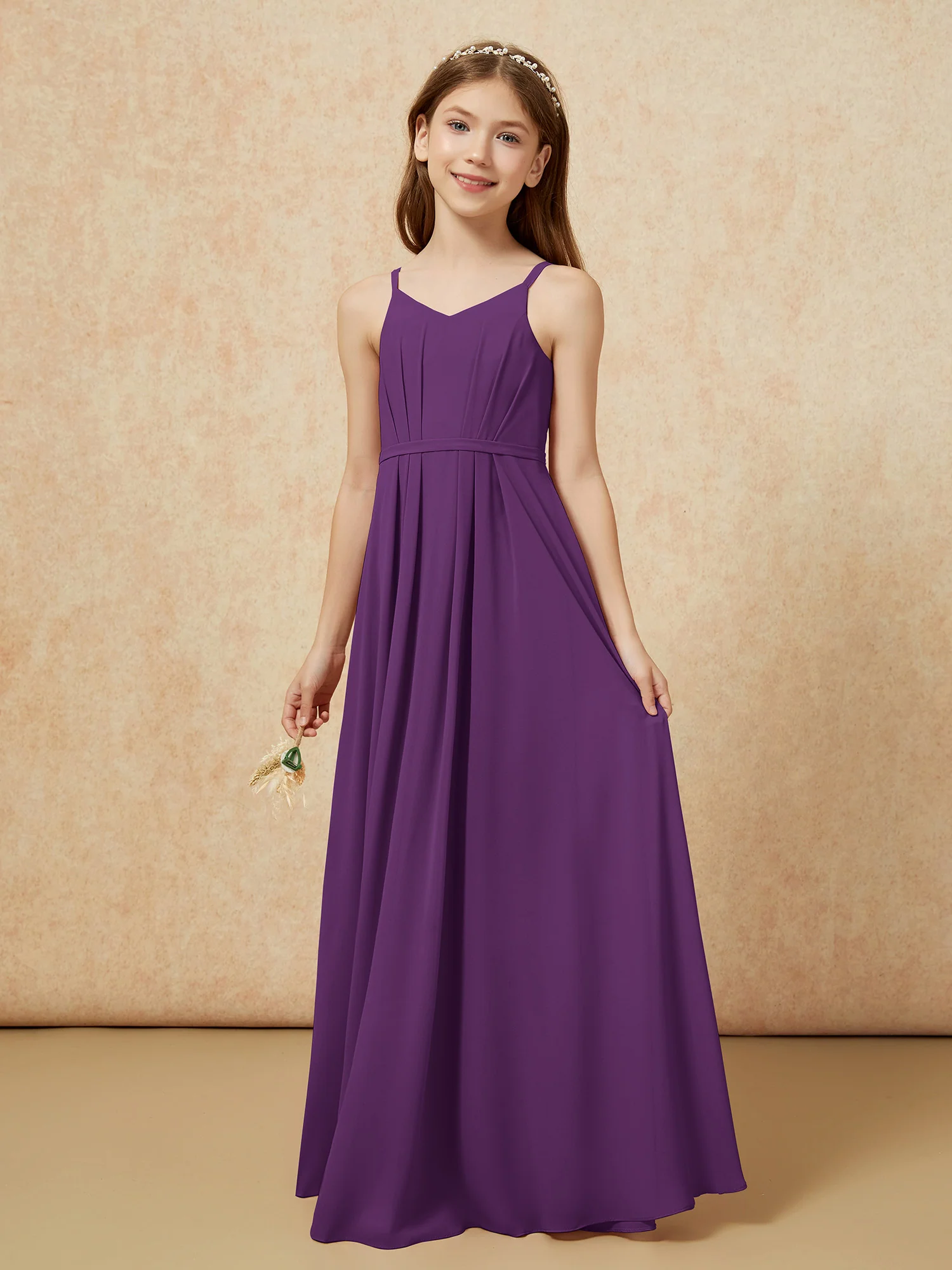 V-neck Spaghetti Straps Chiffon Junior Bridesmaid Dresses Grape - Image 3