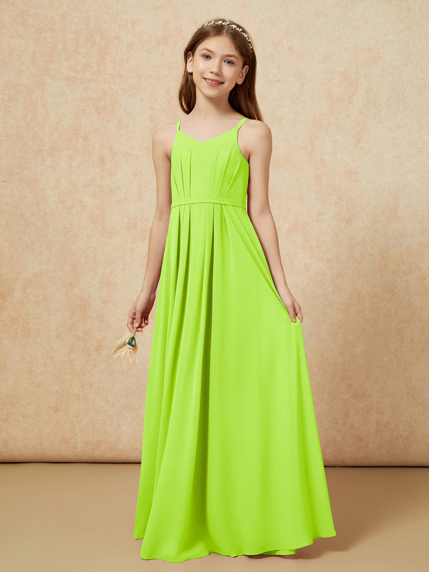 V-neck Spaghetti Straps Chiffon Junior Bridesmaid Dresses Lime Green - Image 3