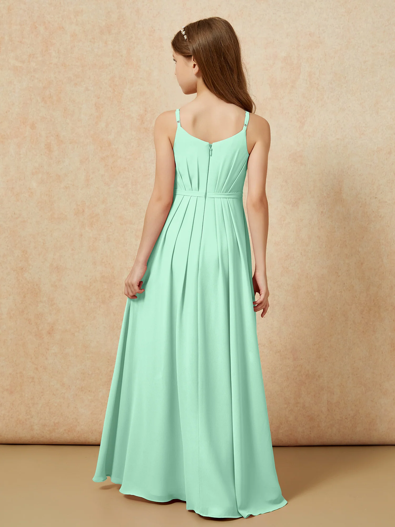 V-neck Spaghetti Straps Chiffon Junior Bridesmaid Dresses Mint Green - Image 2
