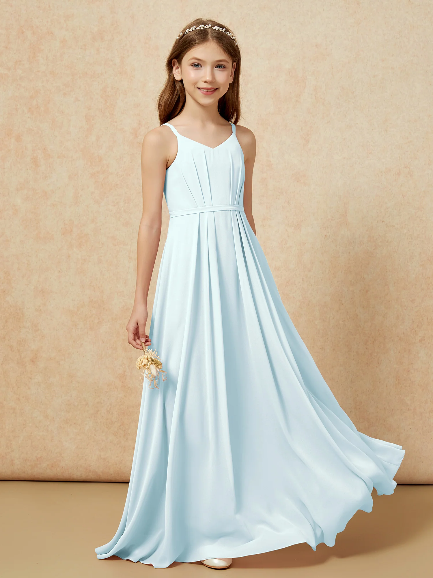 V-neck Spaghetti Straps Chiffon Junior Bridesmaid Dresses Mist - Image 5