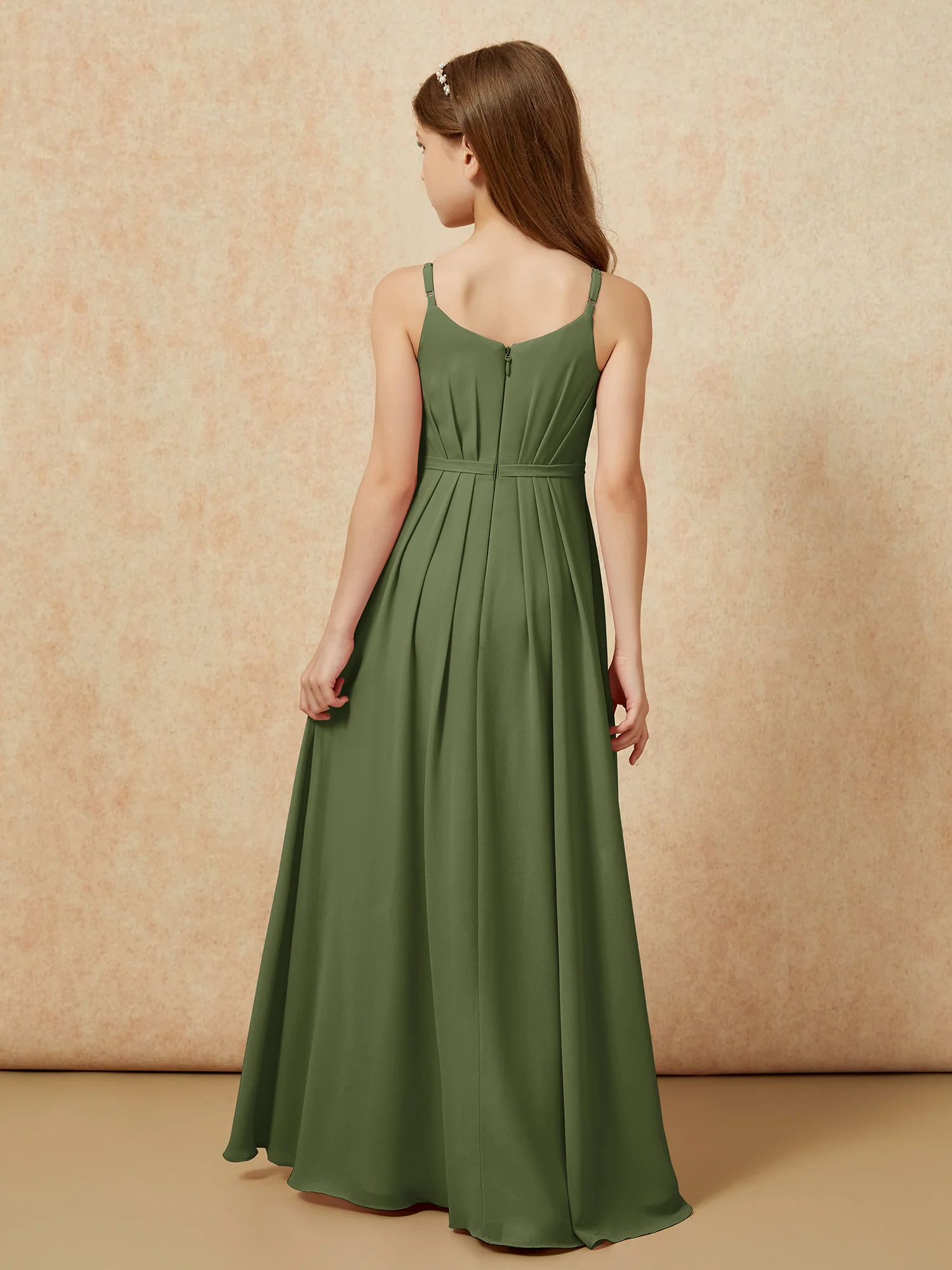 V-neck Spaghetti Straps Chiffon Junior Bridesmaid Dresses Olive Green - Image 2