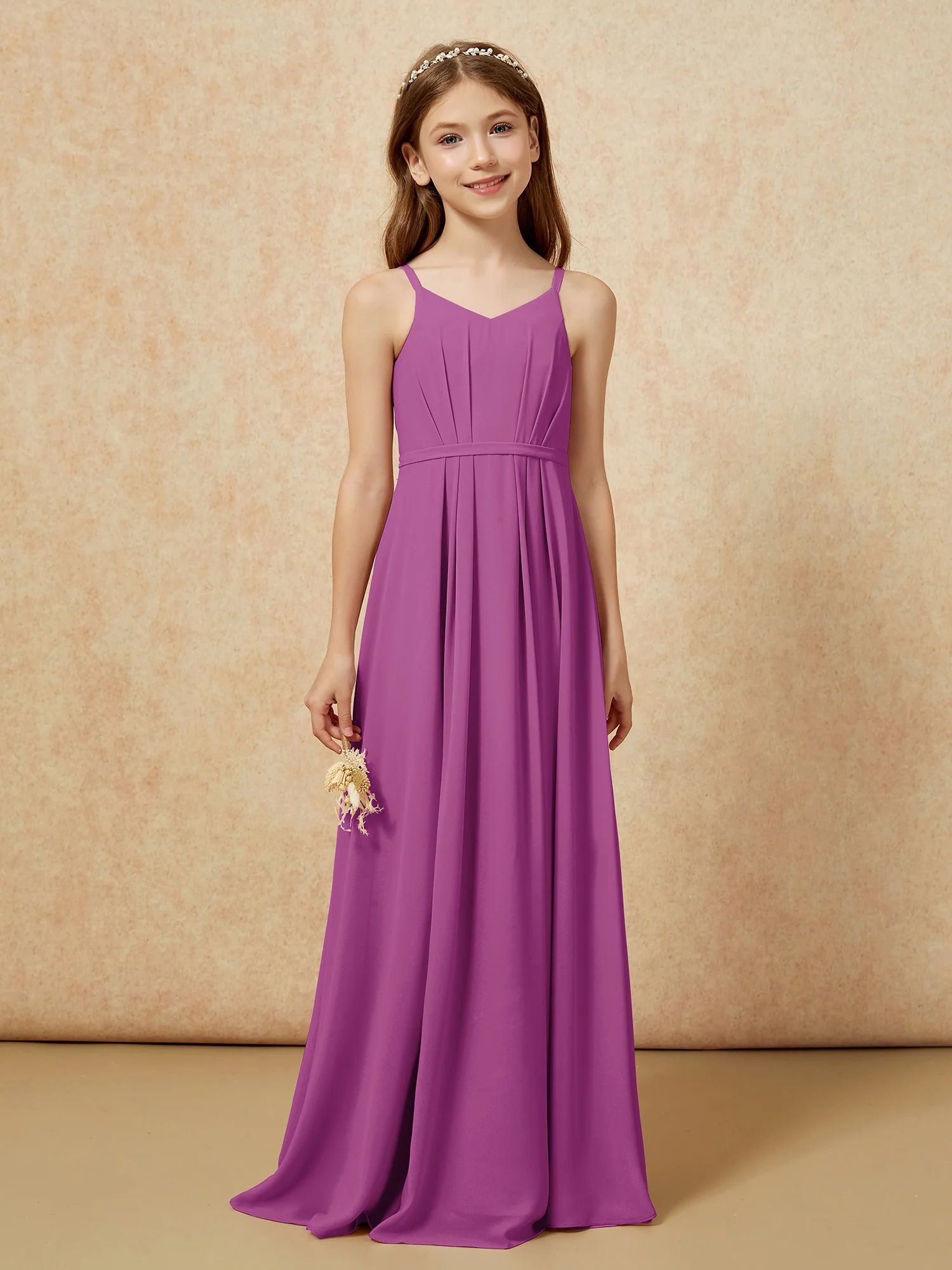 V-neck Spaghetti Straps Chiffon Junior Bridesmaid Dresses Orchid - Image 4