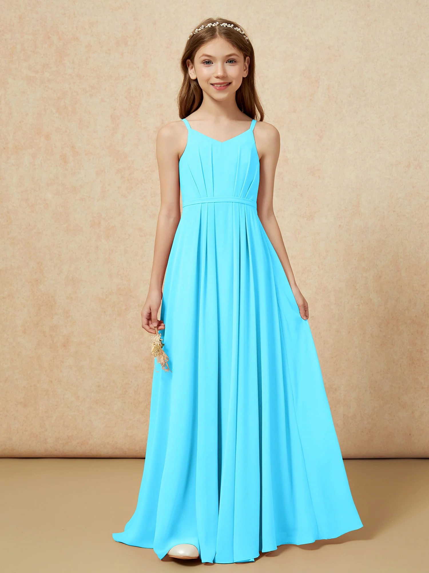 V-neck Spaghetti Straps Chiffon Junior Bridesmaid Dresses Pool