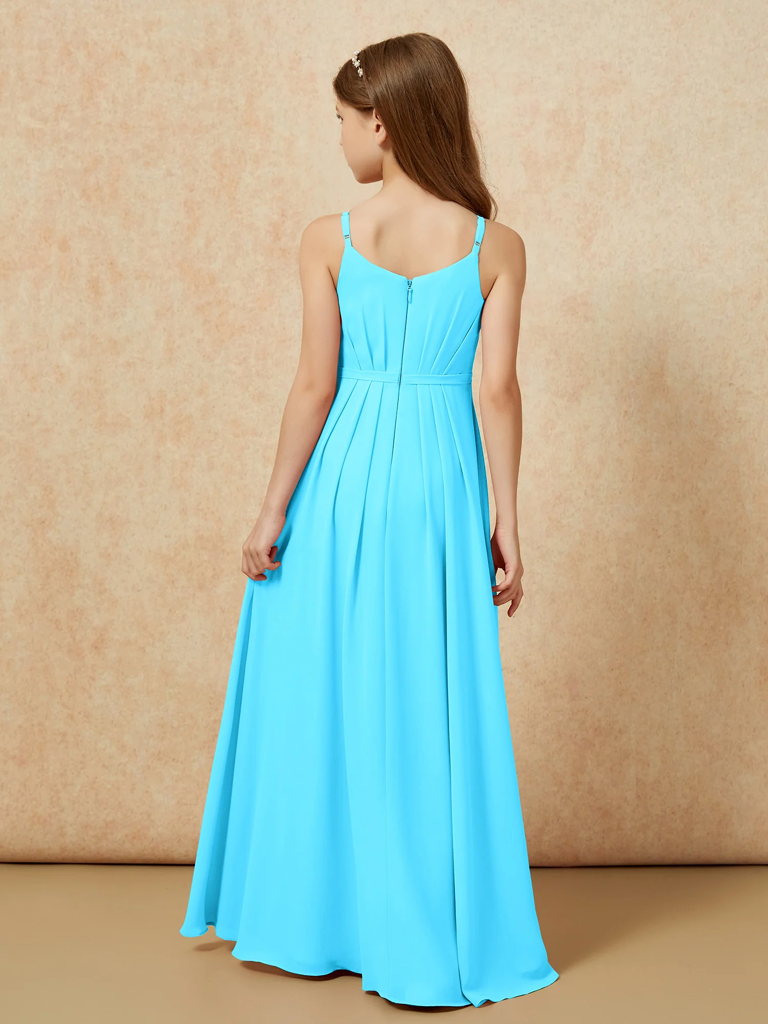 V-neck Spaghetti Straps Chiffon Junior Bridesmaid Dresses Pool - Image 2