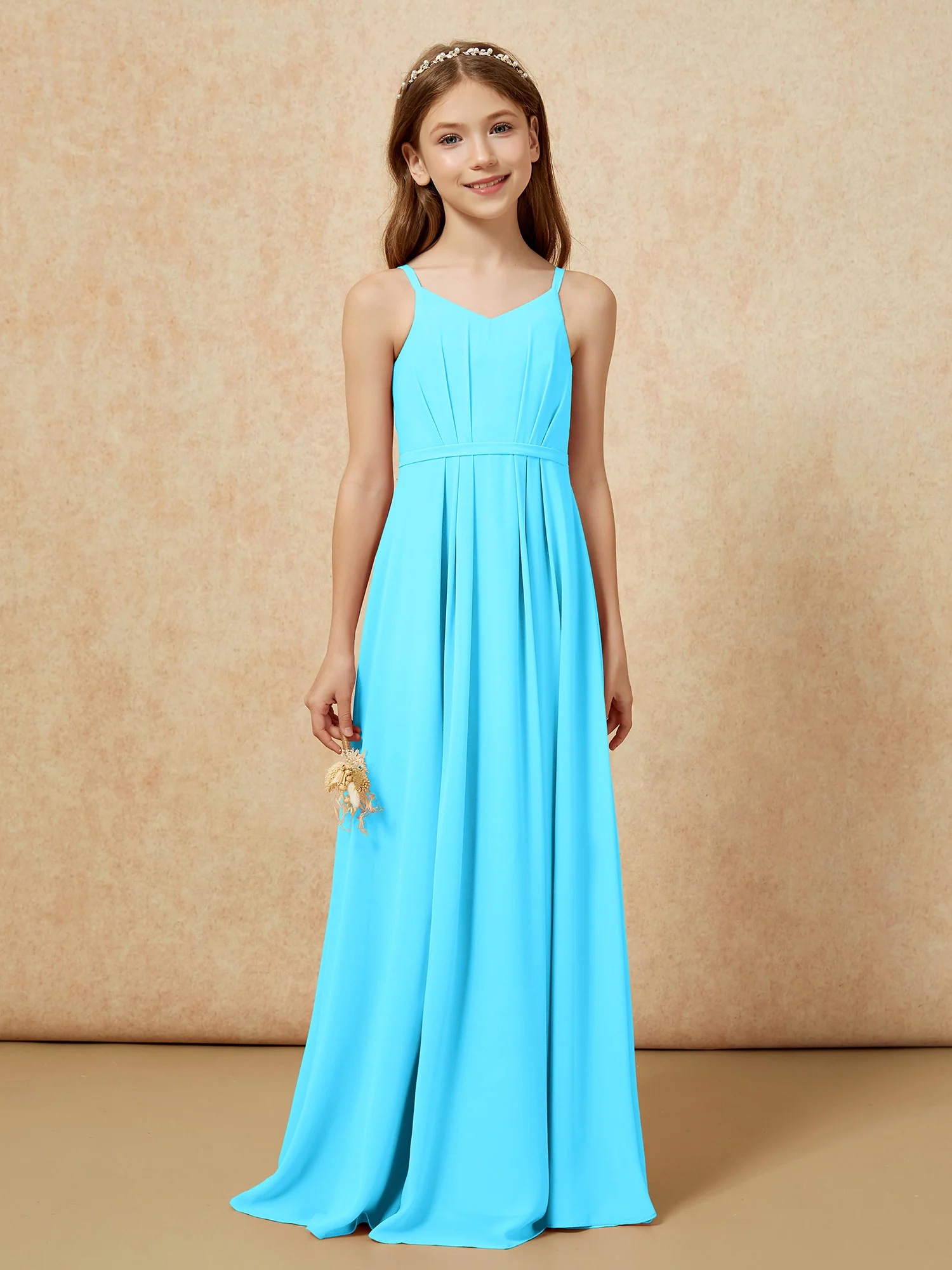 V-neck Spaghetti Straps Chiffon Junior Bridesmaid Dresses Pool - Image 4