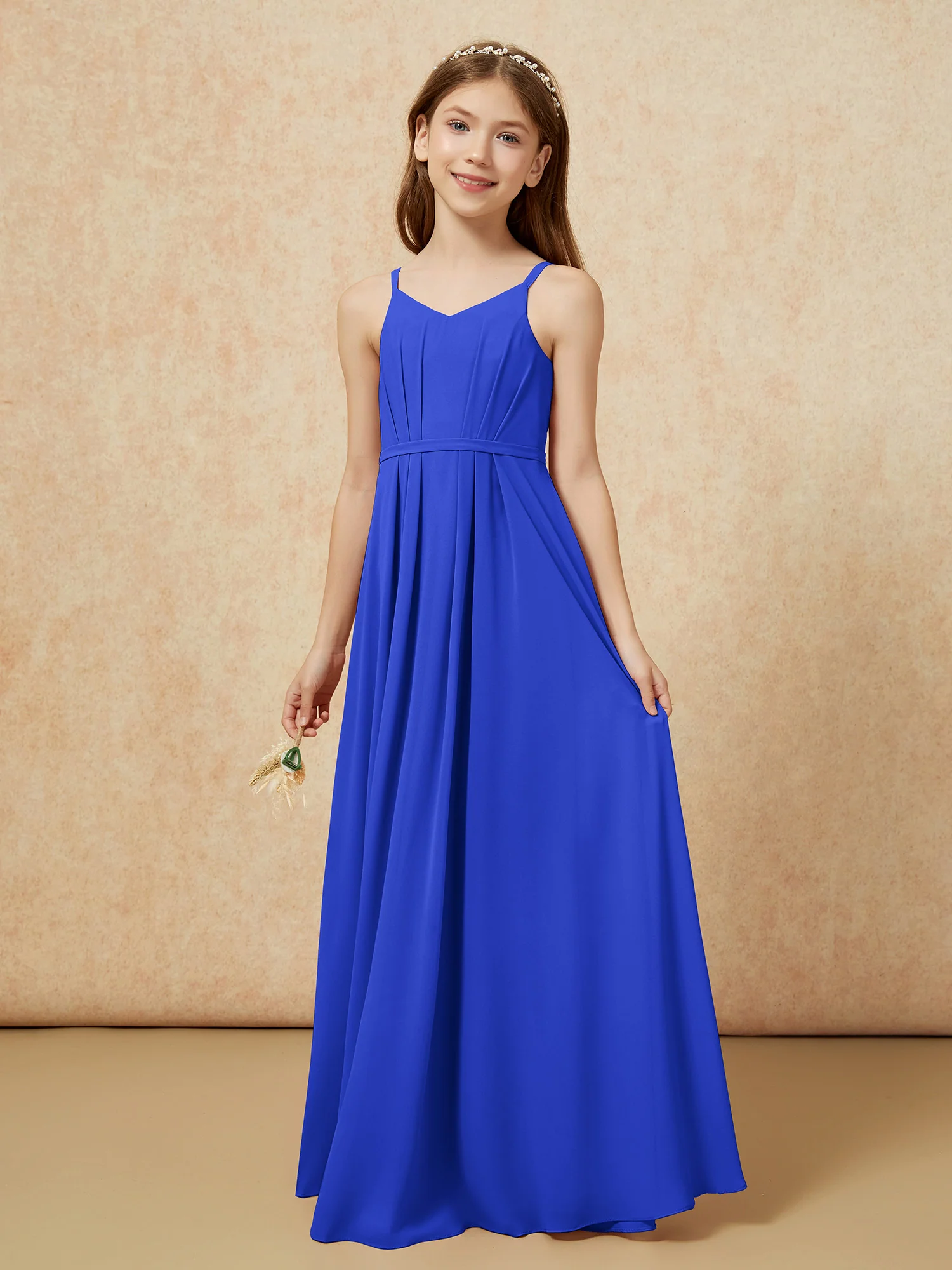 V-neck Spaghetti Straps Chiffon Junior Bridesmaid Dresses Royal Blue - Image 3