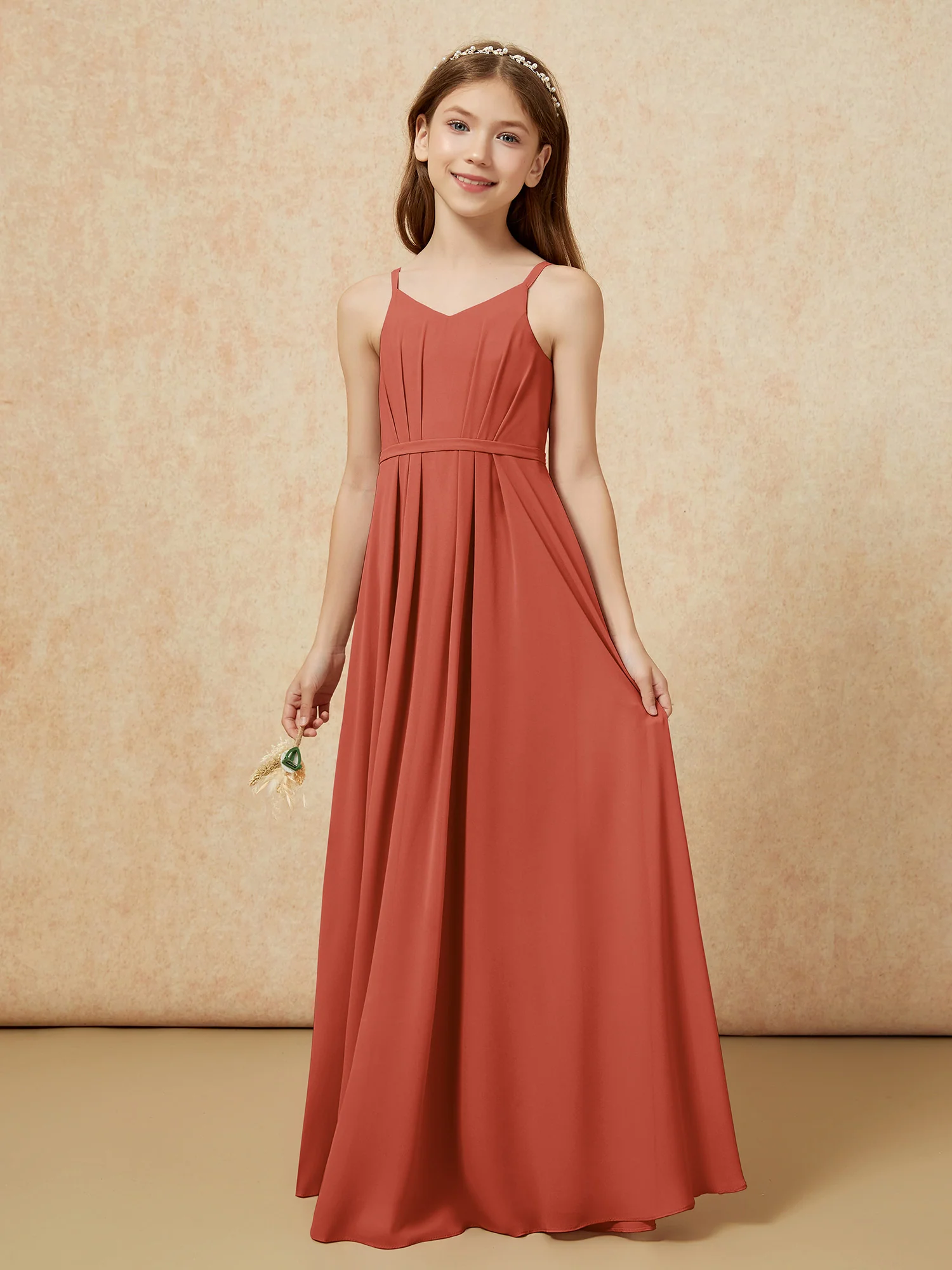 V-neck Spaghetti Straps Chiffon Junior Bridesmaid Dresses Rust - Image 3