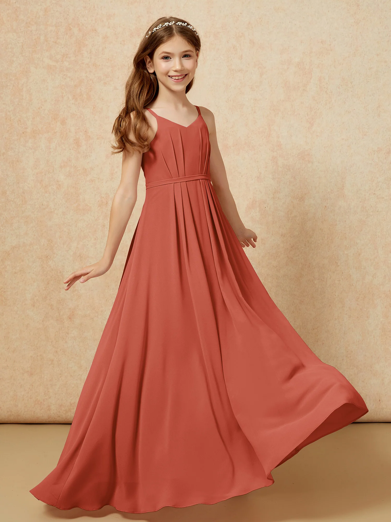 V-neck Spaghetti Straps Chiffon Junior Bridesmaid Dresses Rust - Image 6