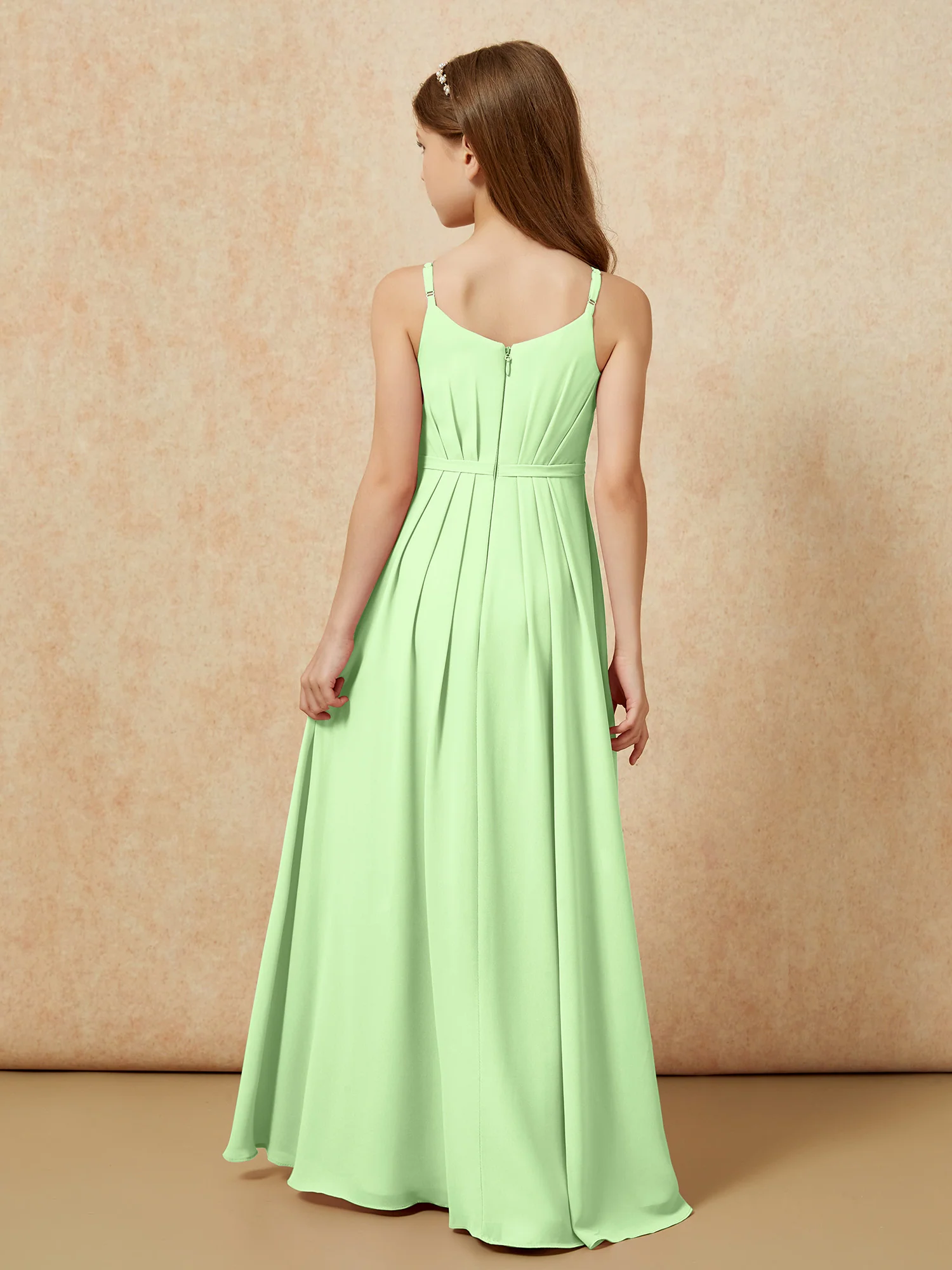 V-neck Spaghetti Straps Chiffon Junior Bridesmaid Dresses Sage - Image 2