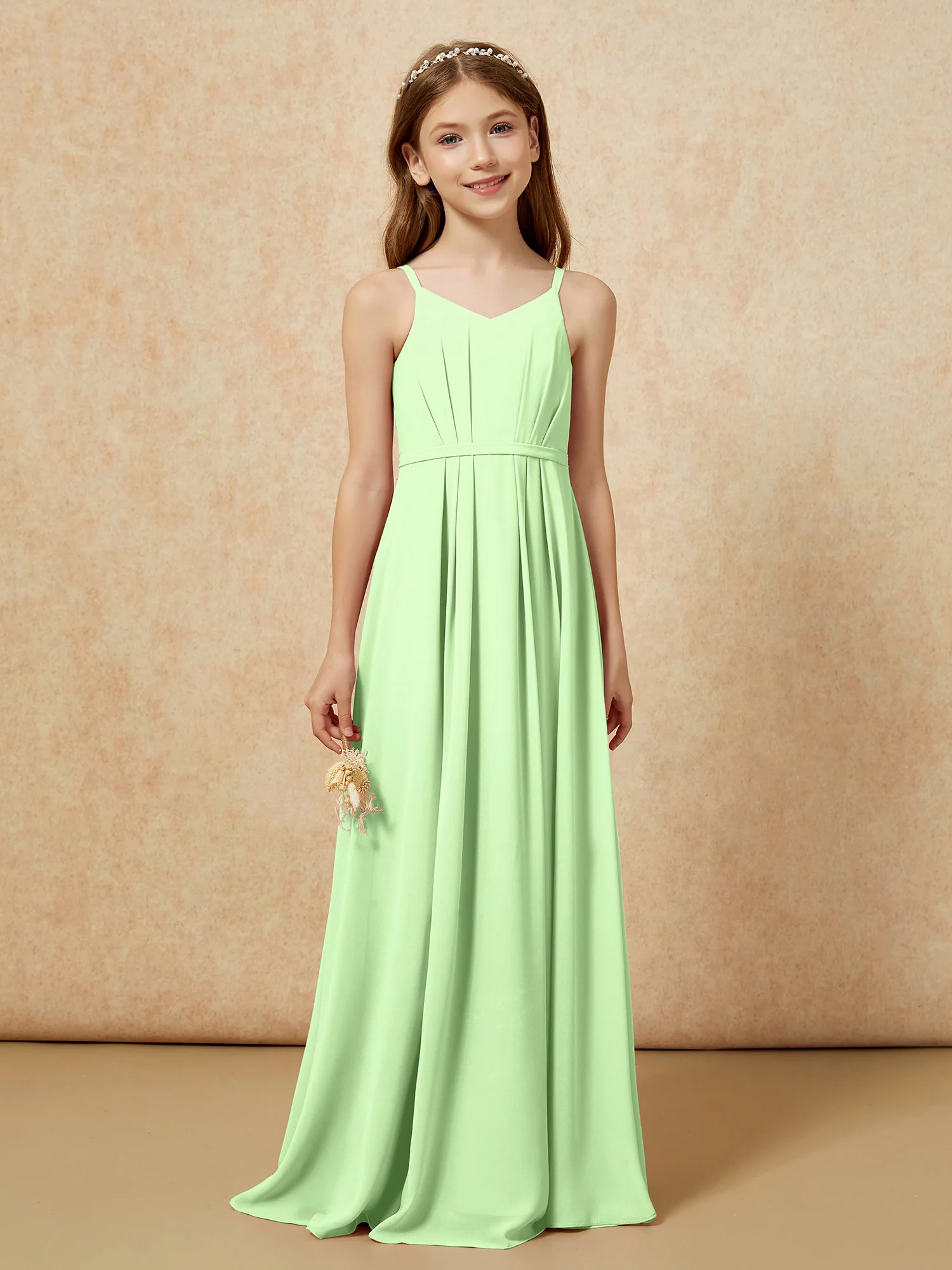 V-neck Spaghetti Straps Chiffon Junior Bridesmaid Dresses Sage - Image 4