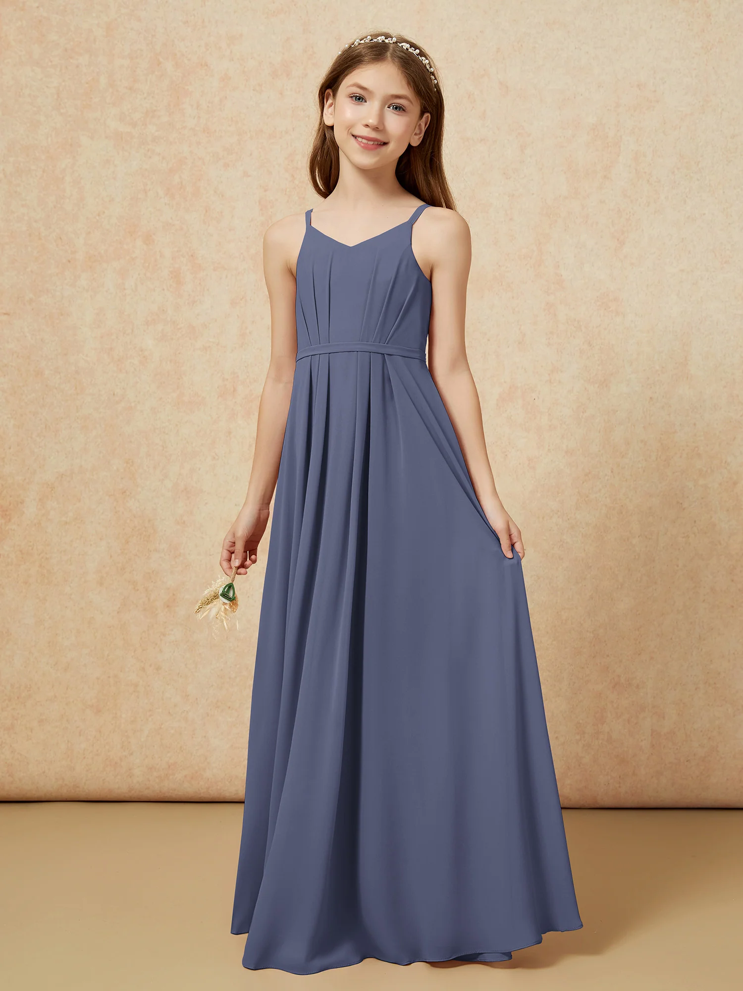 V-neck Spaghetti Straps Chiffon Junior Bridesmaid Dresses Stormy - Image 3