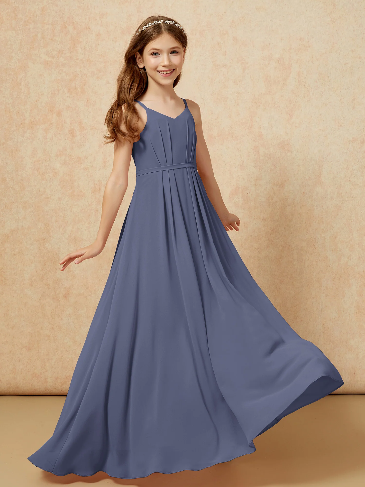 V-neck Spaghetti Straps Chiffon Junior Bridesmaid Dresses Stormy - Image 6
