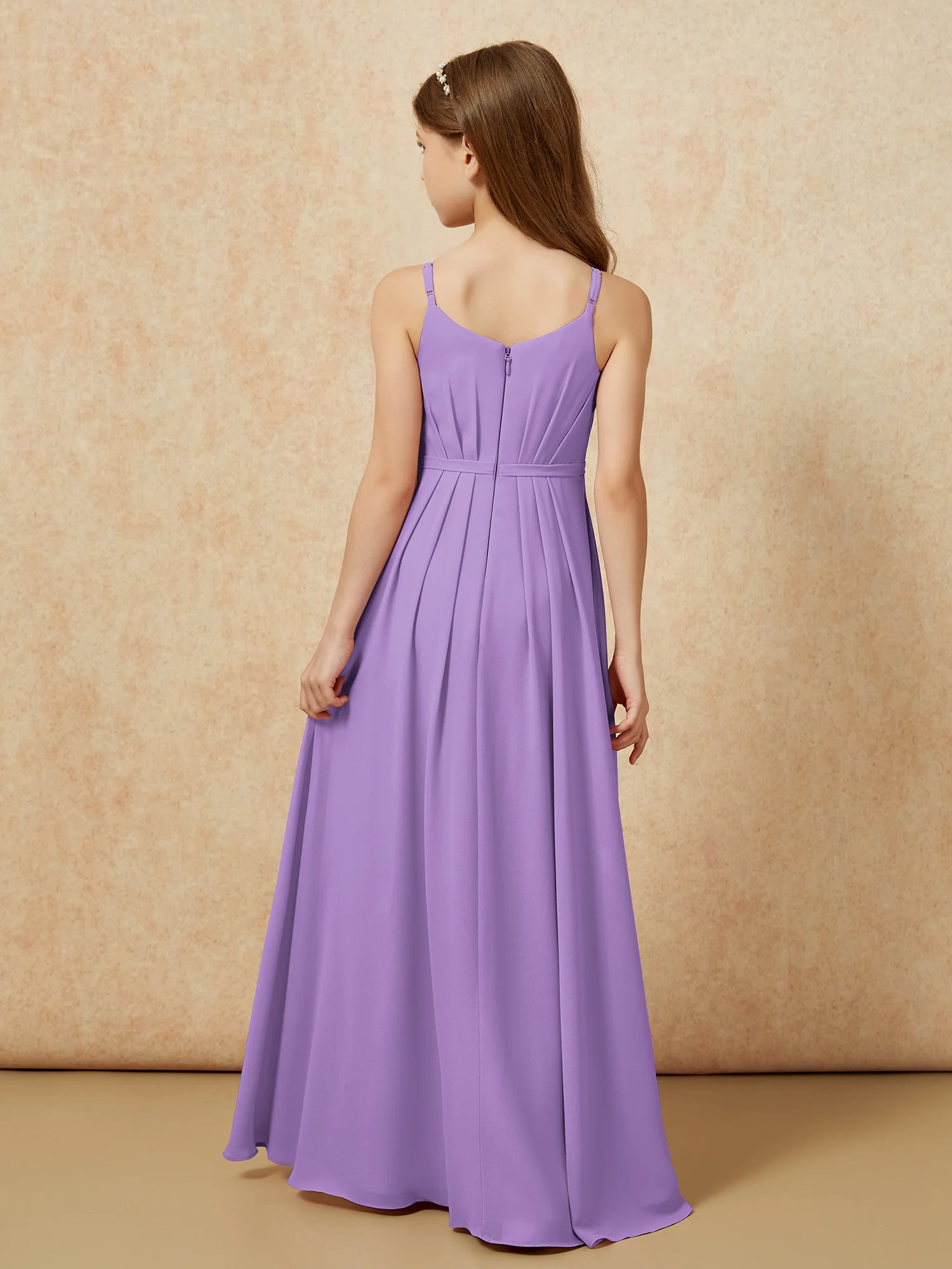 V-neck Spaghetti Straps Chiffon Junior Bridesmaid Dresses Tahiti - Image 2