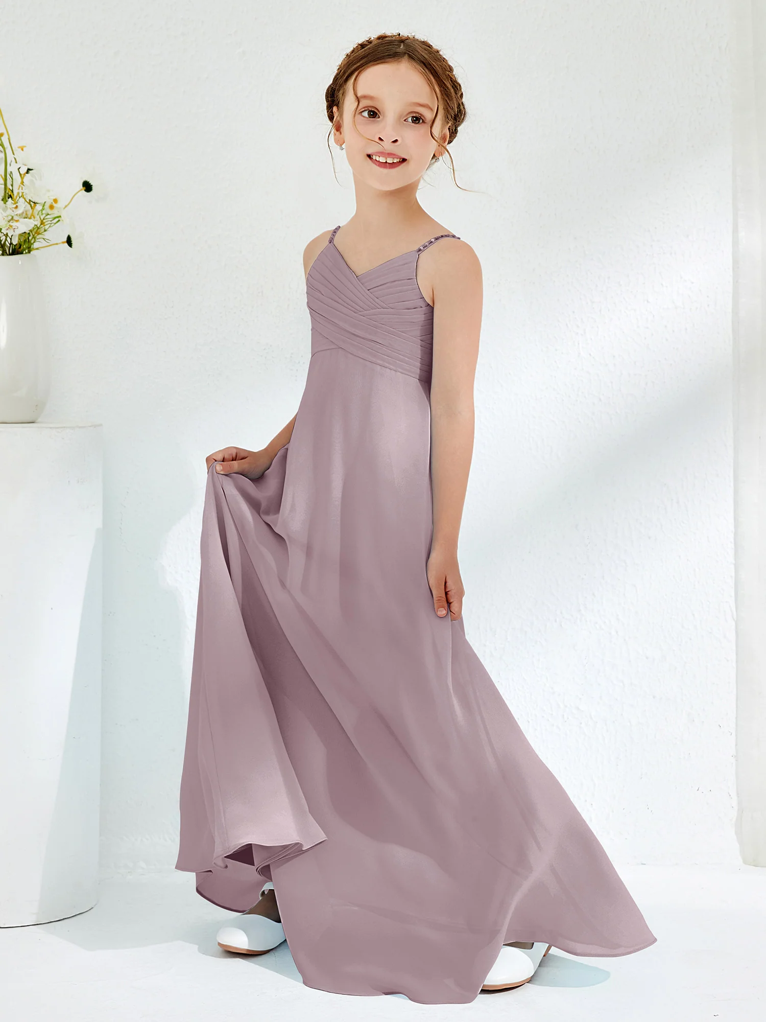 V-neck Spaghetti Straps Floor-length Junior Bridesmaid Dresses Dusk - Image 3