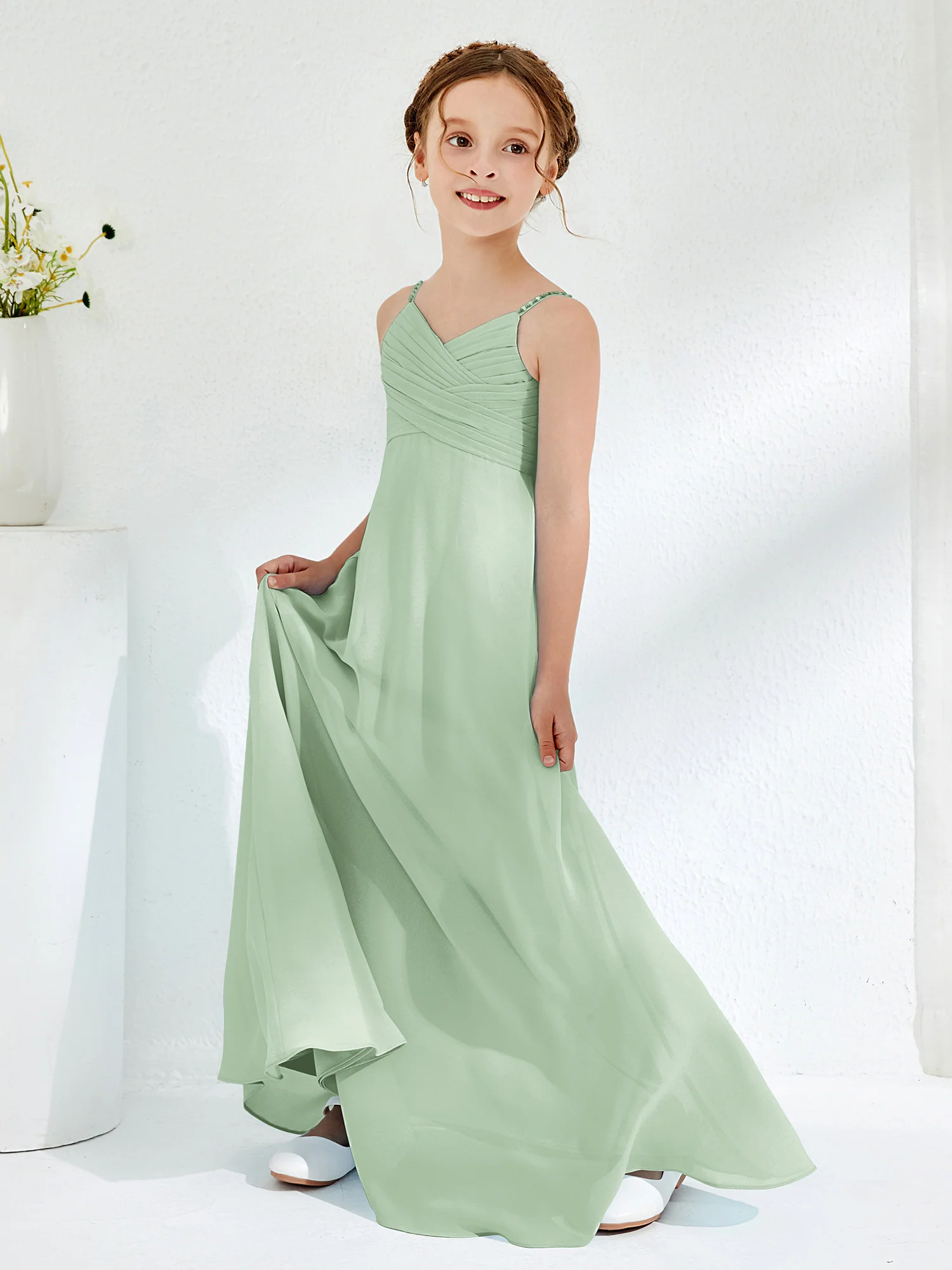 V-neck Spaghetti Straps Floor-length Junior Bridesmaid Dresses Dusty Sage - Image 3