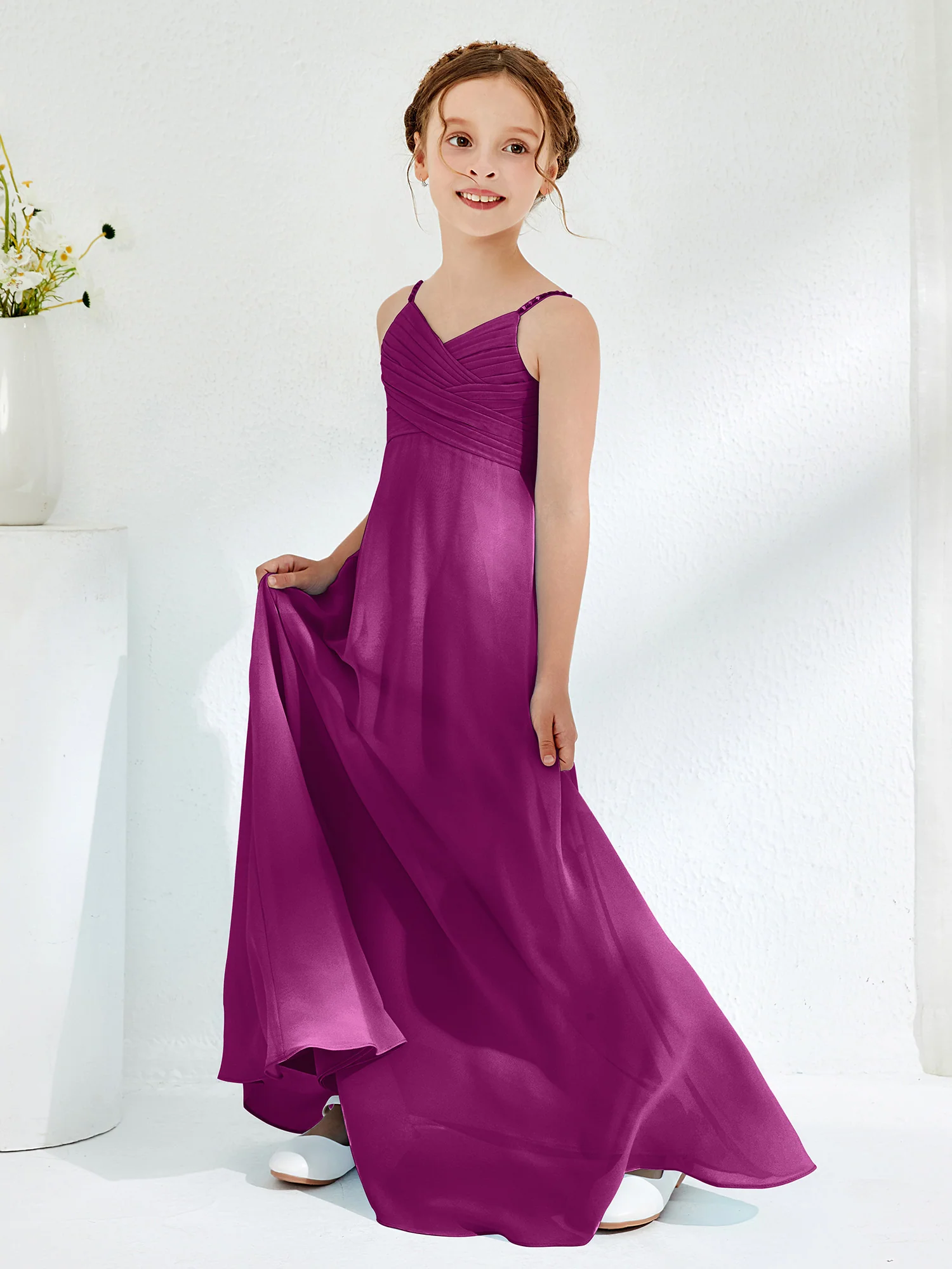 V-neck Spaghetti Straps Floor-length Junior Bridesmaid Dresses Orchid - Image 3