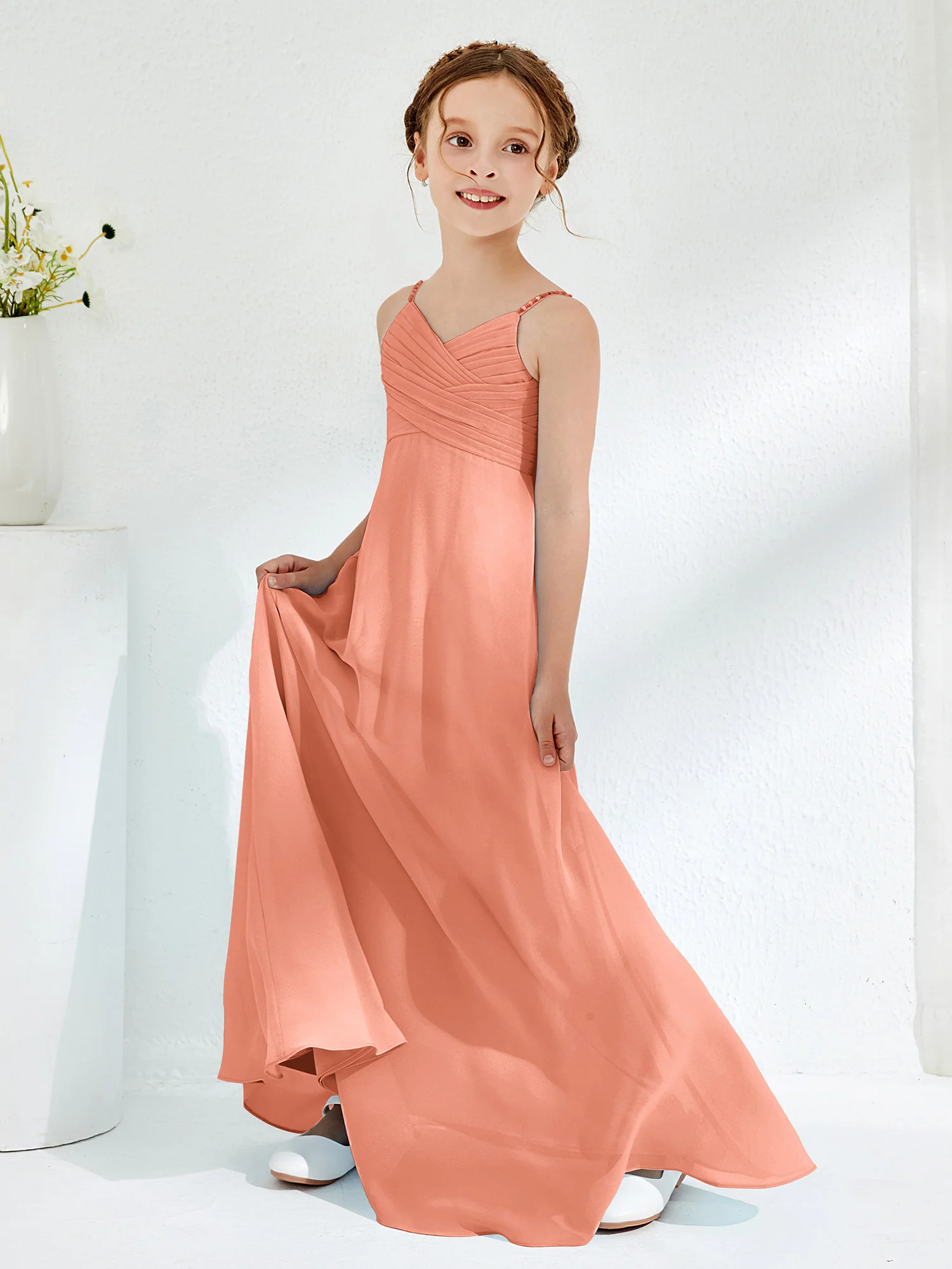 V-neck Spaghetti Straps Floor-length Junior Bridesmaid Dresses Papaya - Image 3