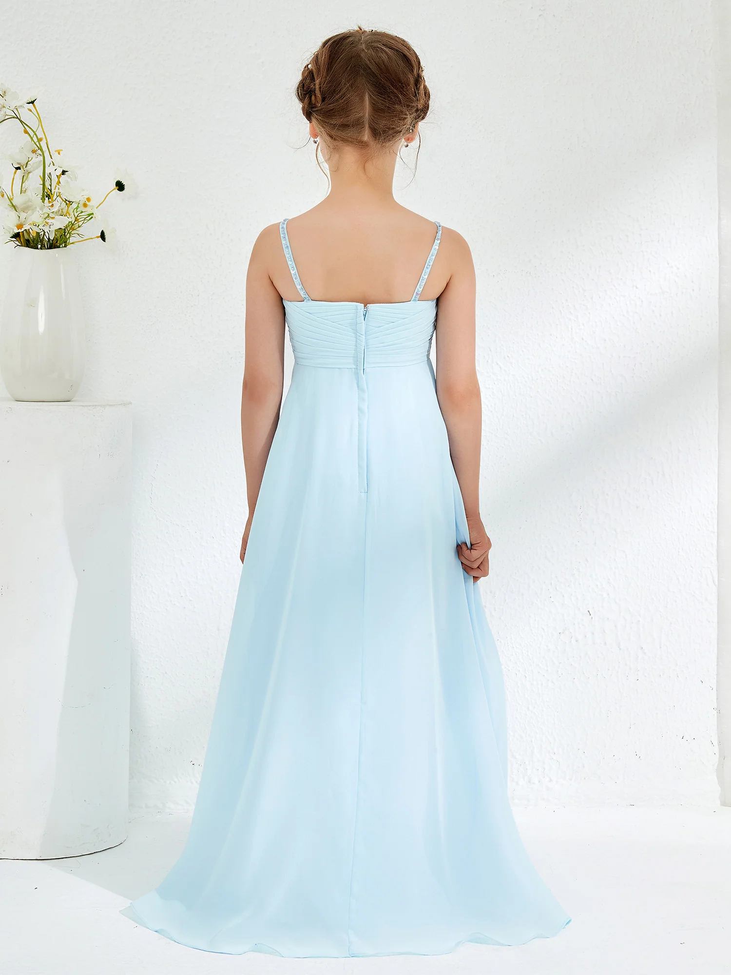 V-neck Spaghetti Straps Floor-length Junior Bridesmaid Dresses Sky Blue - Image 2