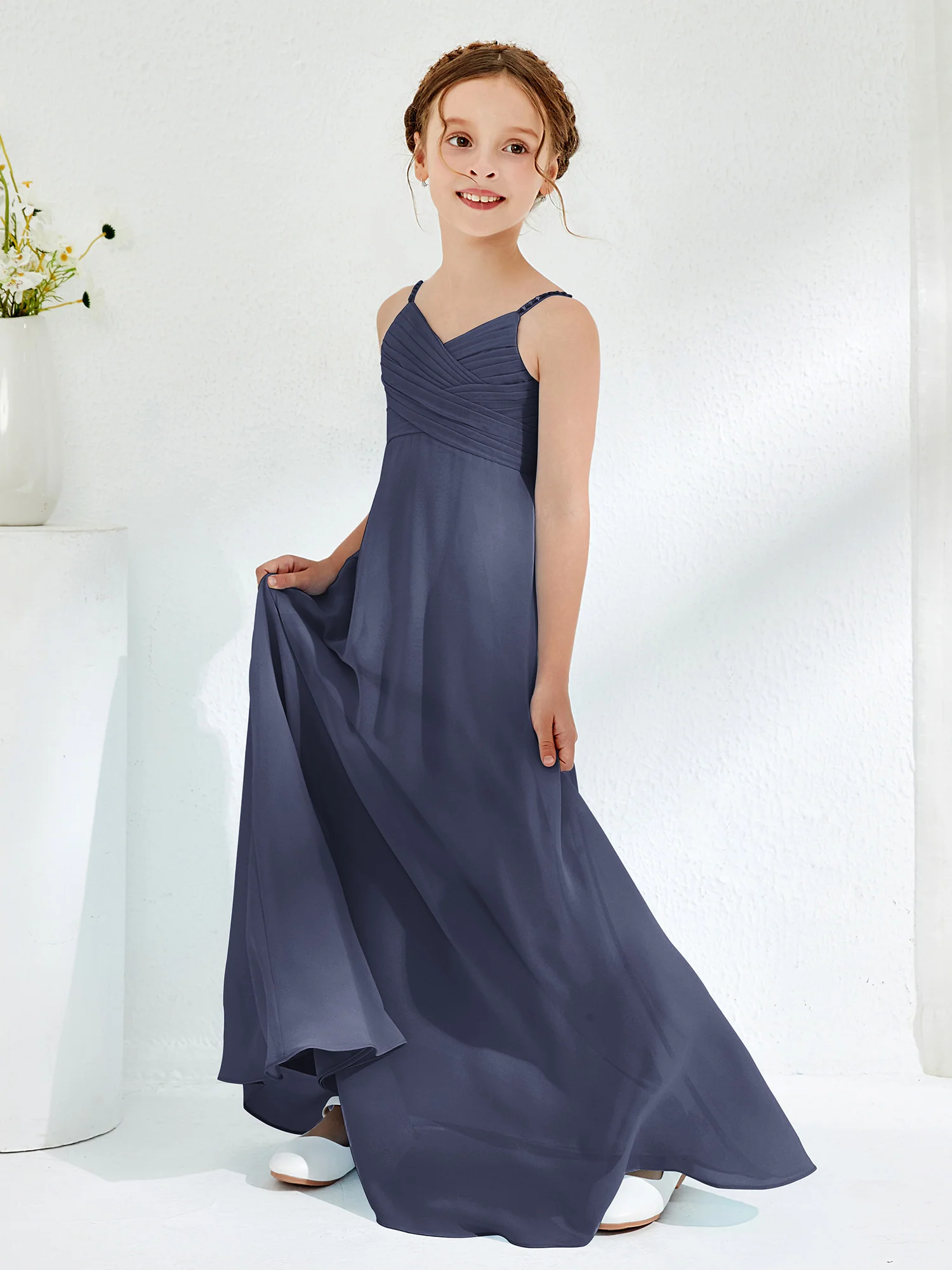 V-neck Spaghetti Straps Floor-length Junior Bridesmaid Dresses Stormy - Image 3