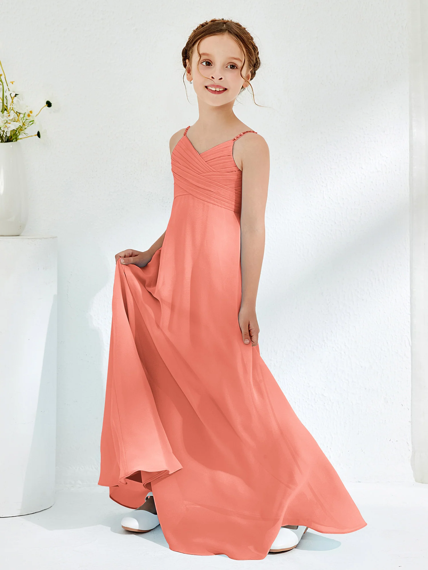 V-neck Spaghetti Straps Floor-length Junior Bridesmaid Dresses Sunset - Image 3