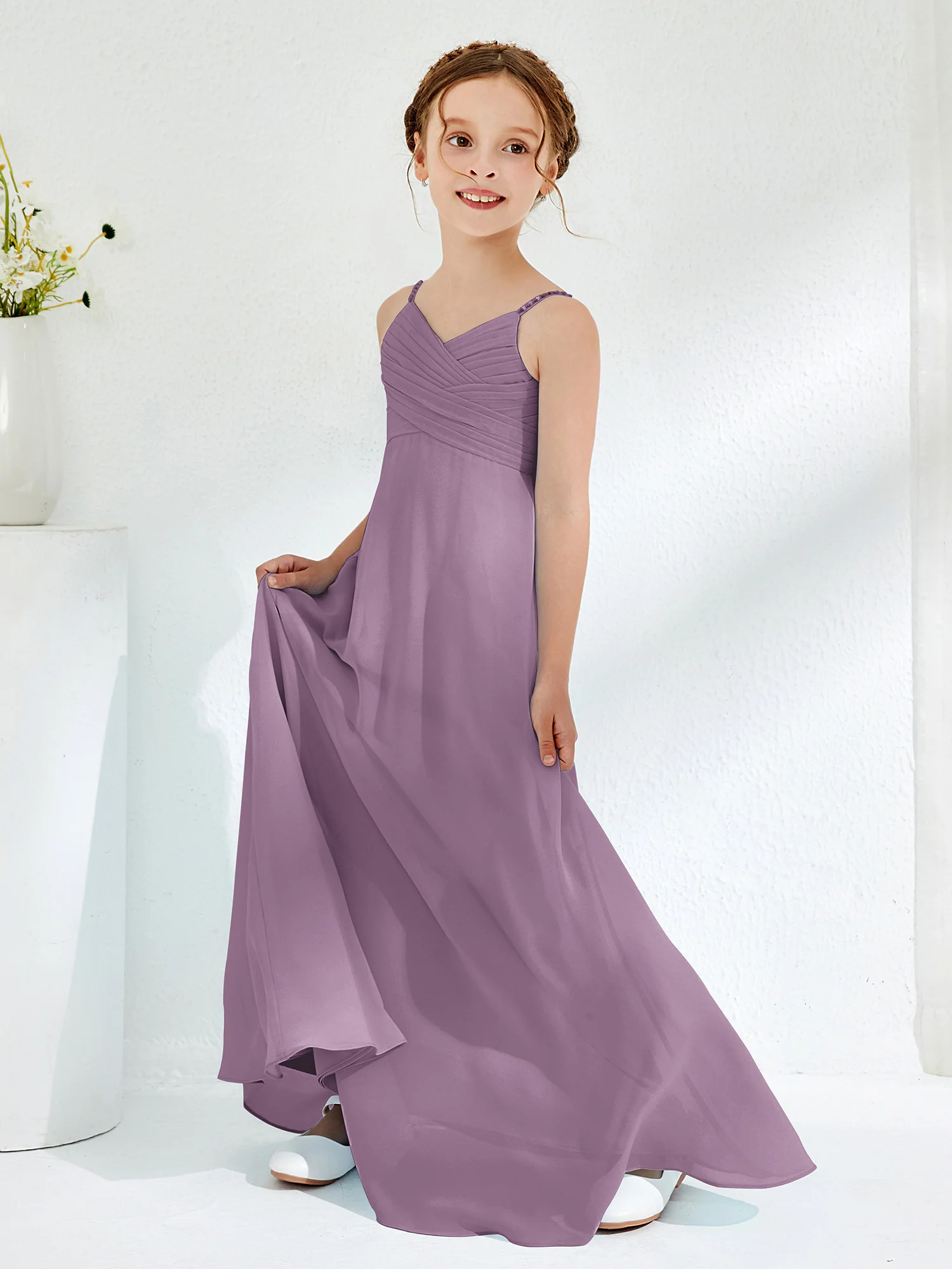 V-neck Spaghetti Straps Floor-length Junior Bridesmaid Dresses Wisteria - Image 3