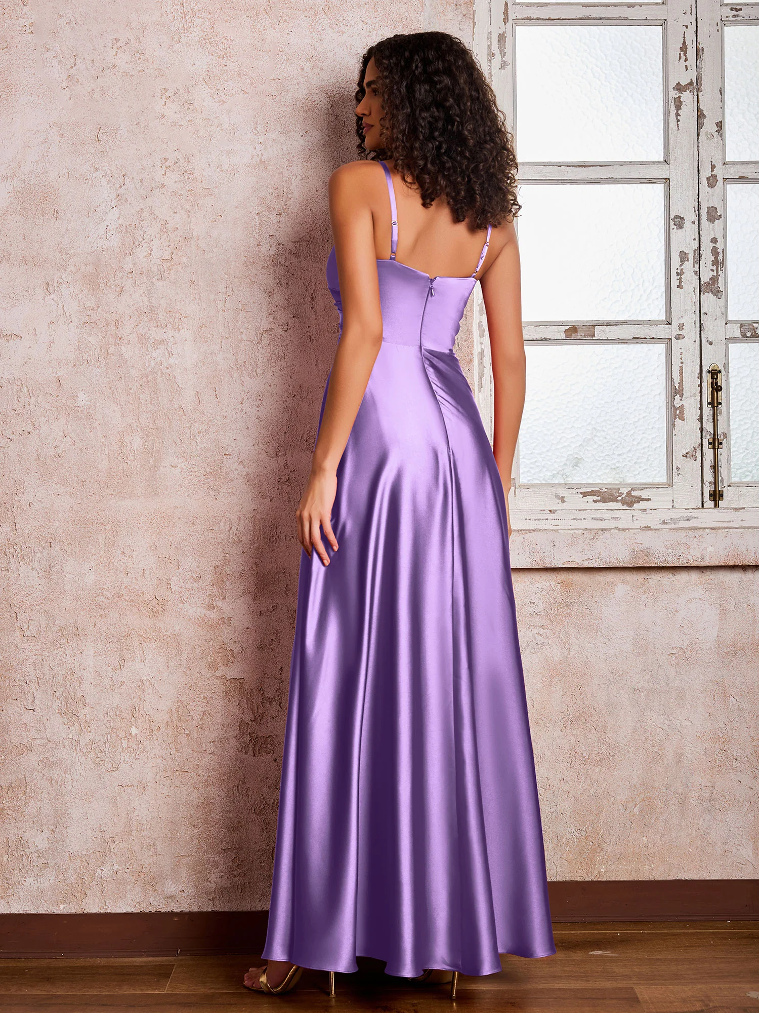 V-neck Spaghetti Straps Satin Maxi Dresses with Pocket Tahiti - Image 2