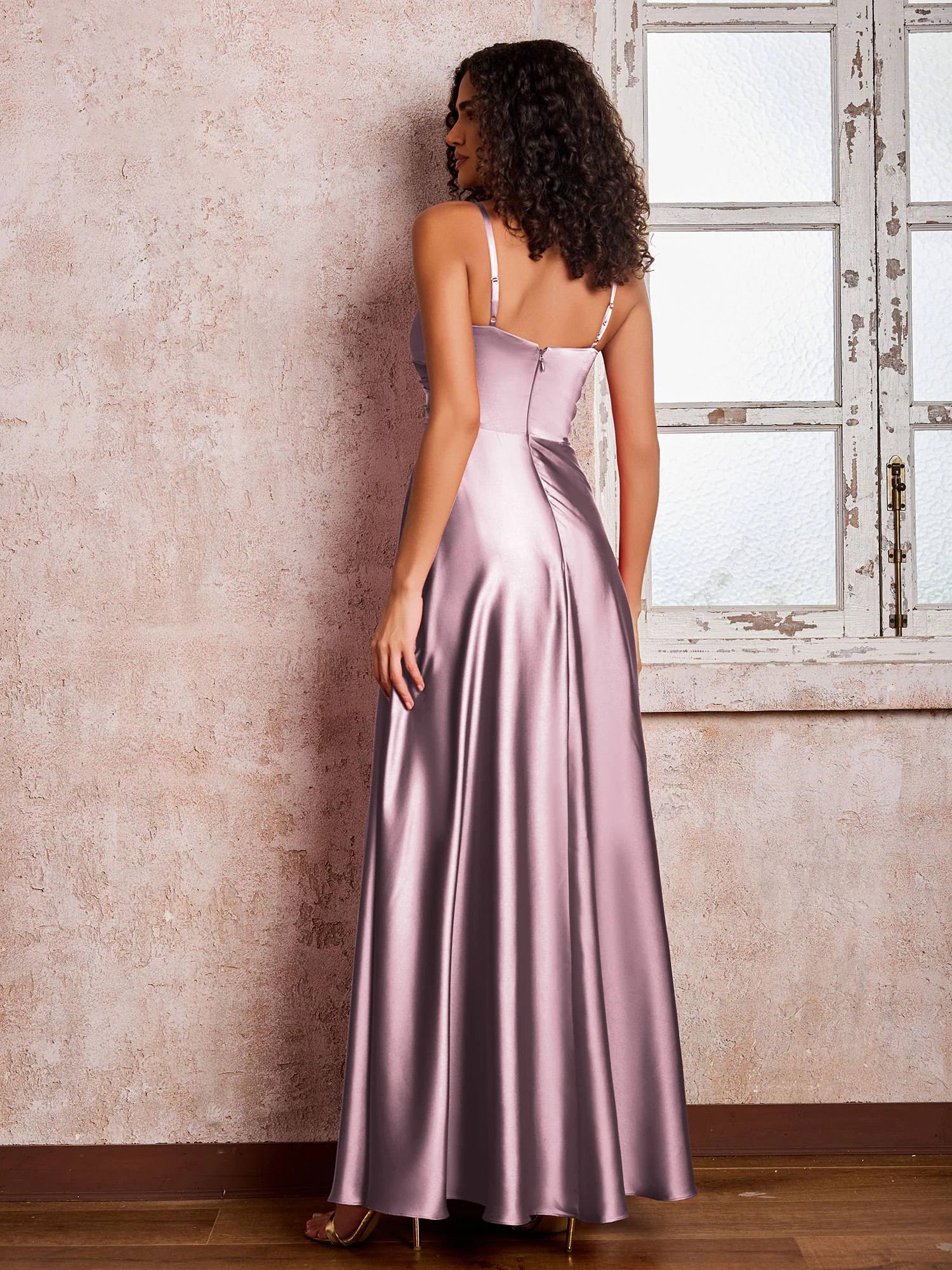 V-neck Spaghetti Straps Satin Maxi Dresses with Pocket Vintage Mauve - Image 2