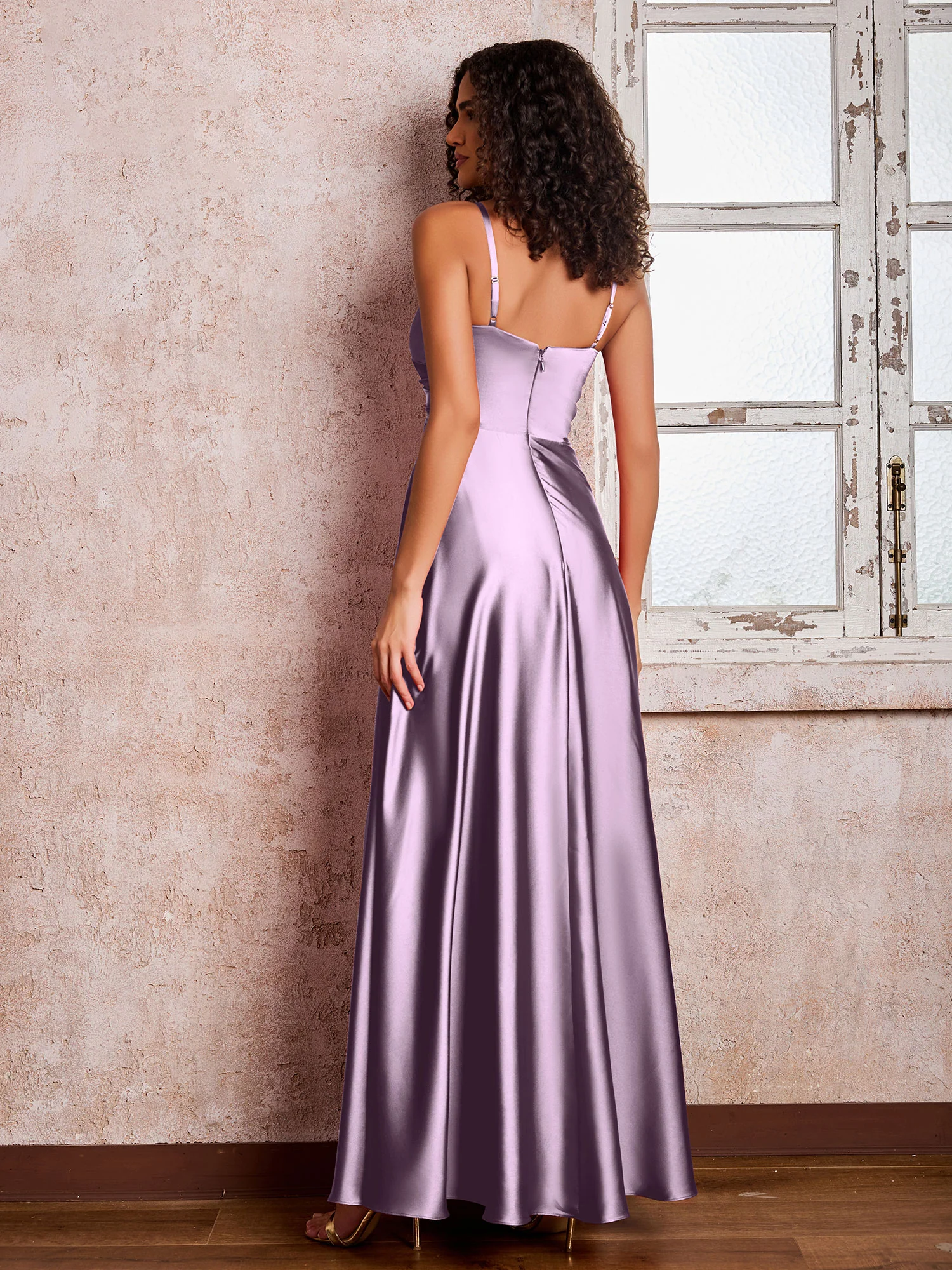 V-neck Spaghetti Straps Satin Maxi Dresses with Pocket Wisteria - Image 2