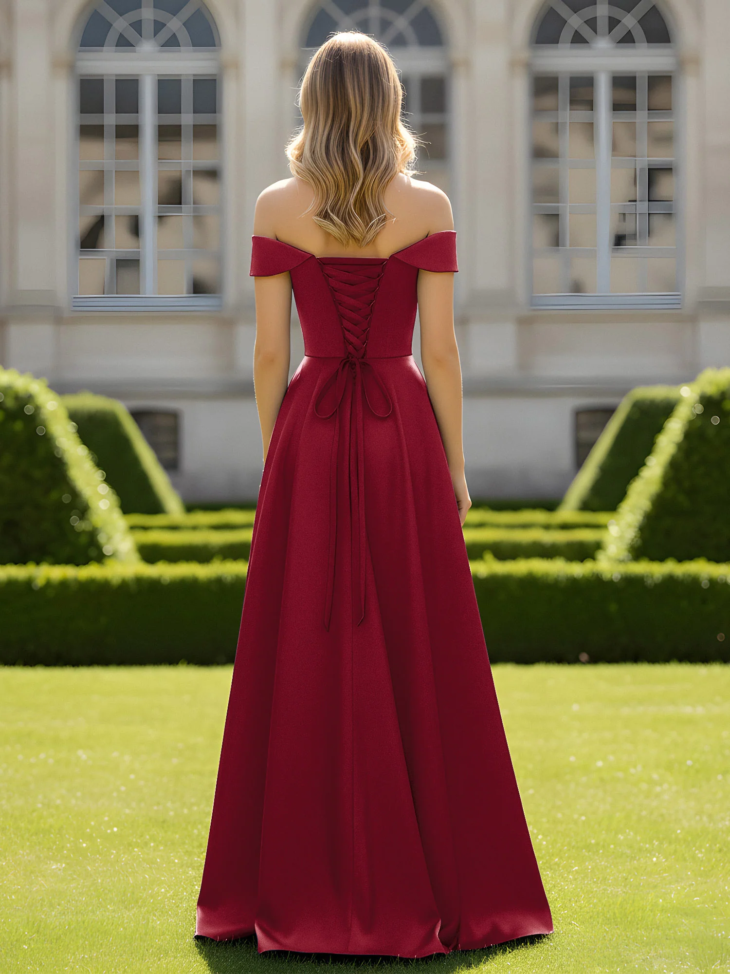 Off-The-Shoulder A-Line Satin Minimal Dress Burgundy - Image 2