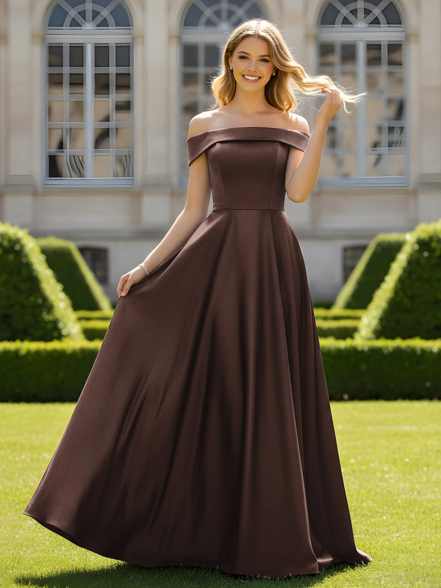 Off-The-Shoulder A-Line Satin Minimal Dress Chocolate