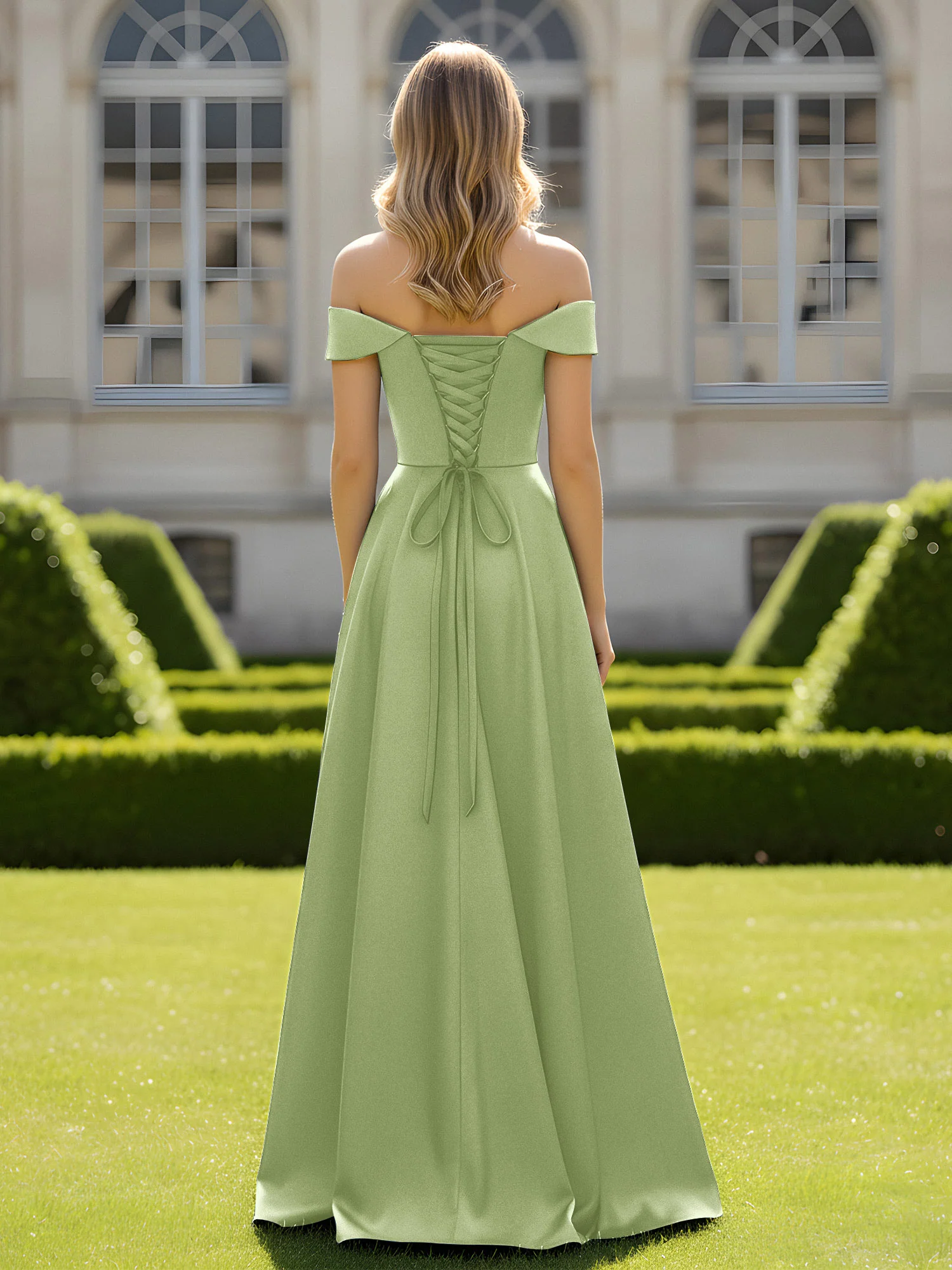 Off-The-Shoulder A-Line Satin Minimal Dress Dusty Sage - Image 2