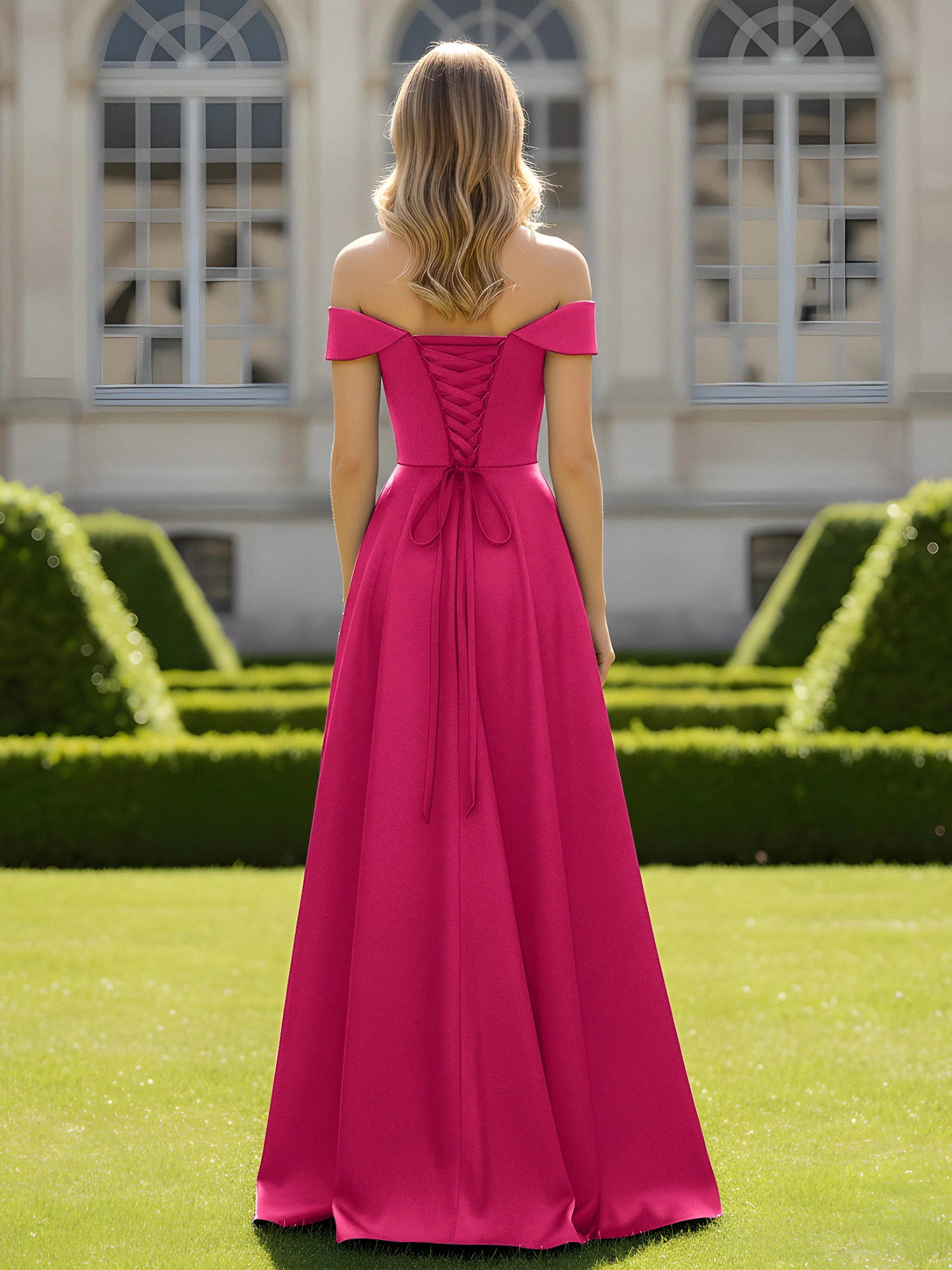 Off-The-Shoulder A-Line Satin Minimal Dress Fuchsia - Image 2