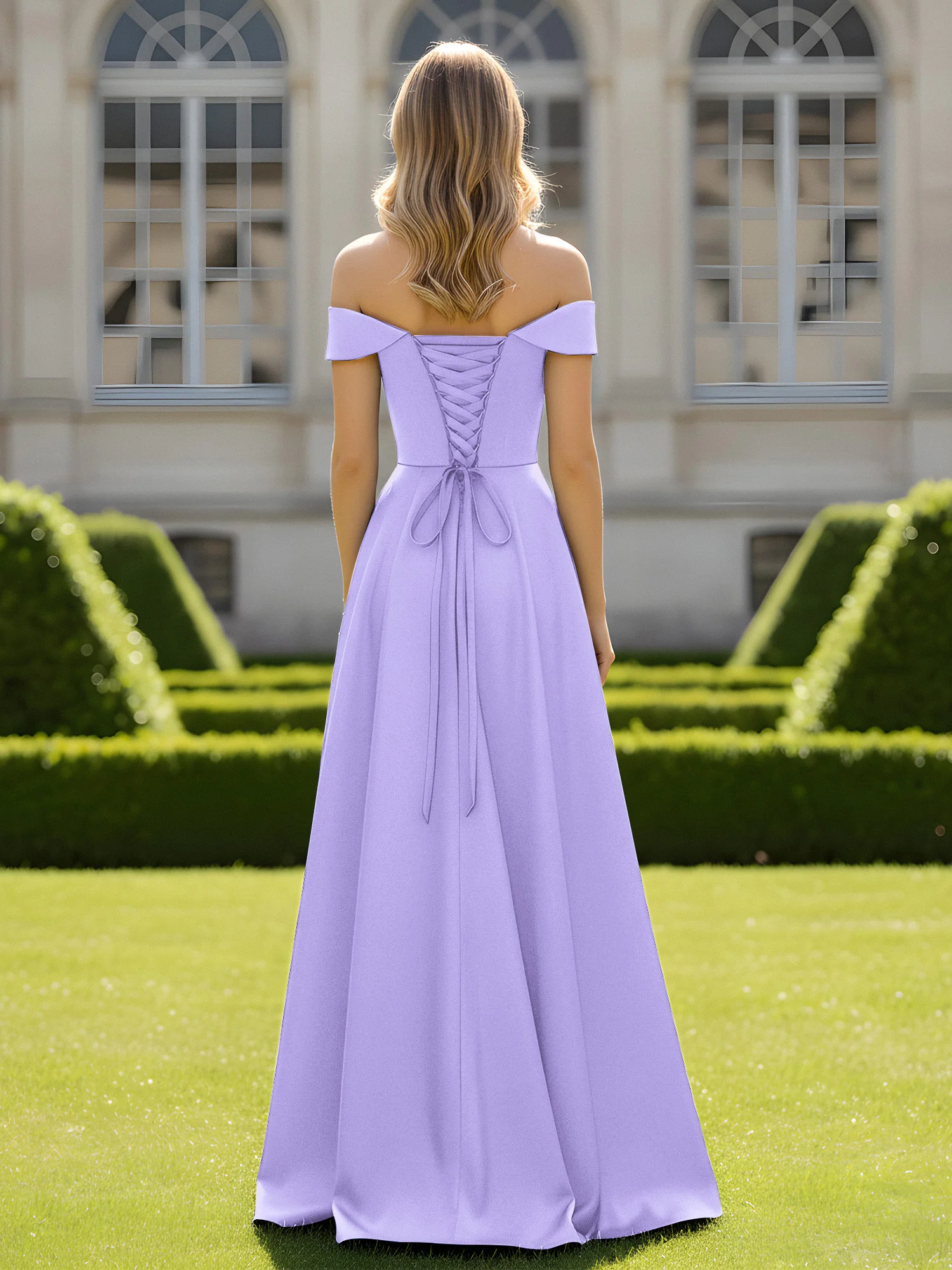 Off-The-Shoulder A-Line Satin Minimal Dress Lilac - Image 2