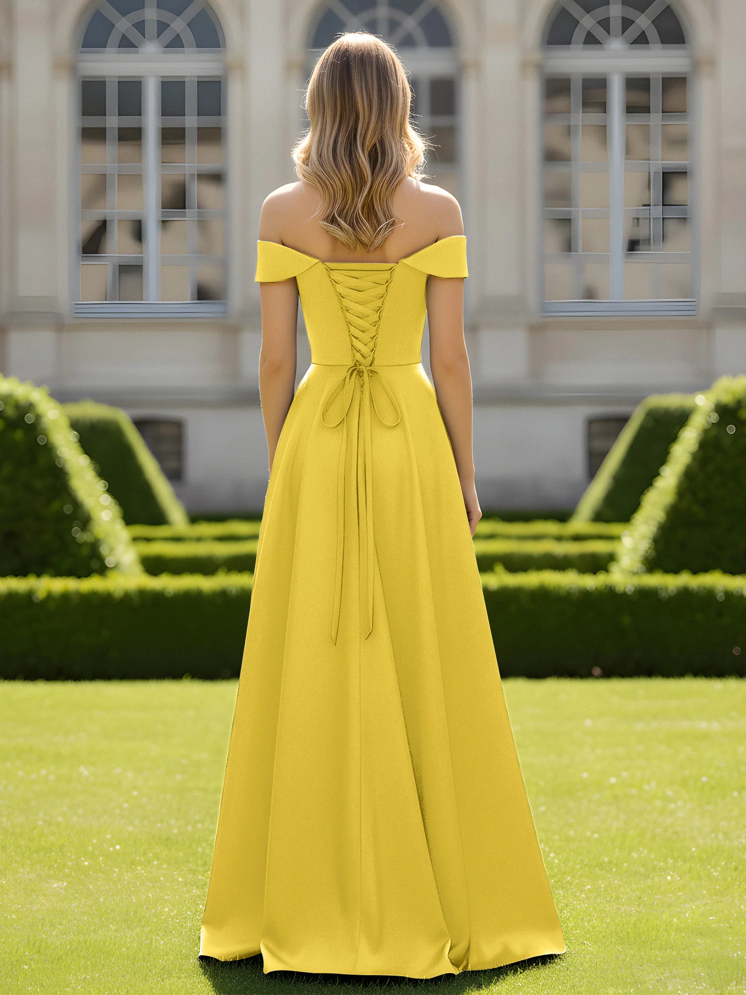 Off-The-Shoulder A-Line Satin Minimal Dress Marigold - Image 2