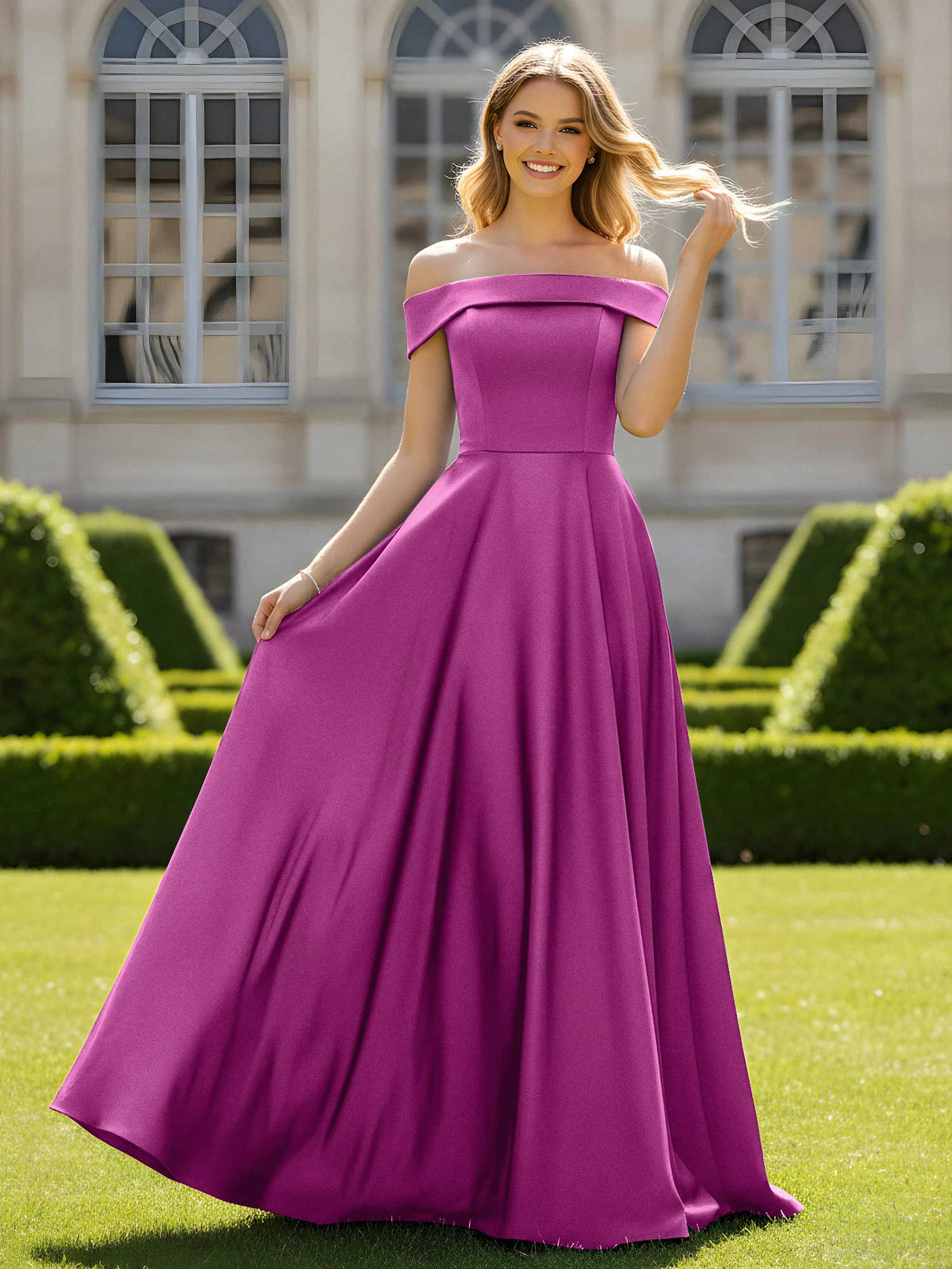 Off-The-Shoulder A-Line Satin Minimal Dress Orchid